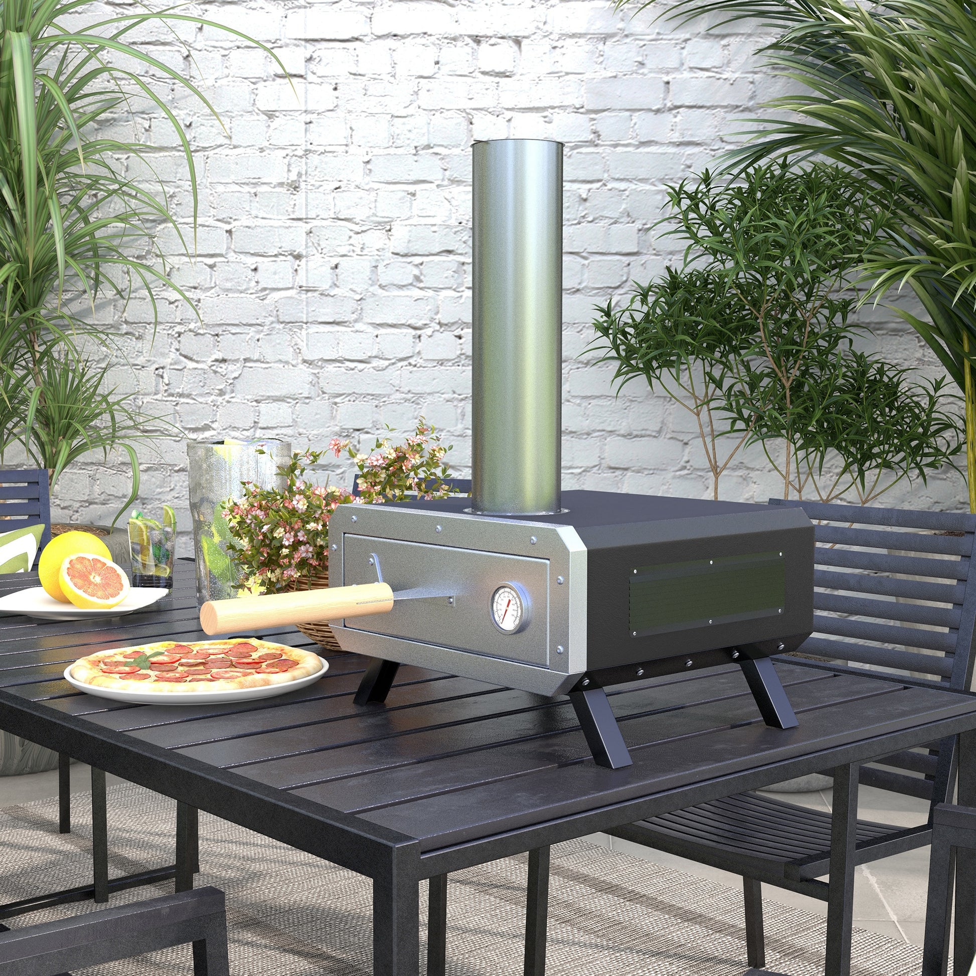 2-In-1 Pizza Oven Outdoor with Pizza Stone Wood-Fired Oven Pizza Peel Pizza Paddle Grill Oven for BBQ Steel Black