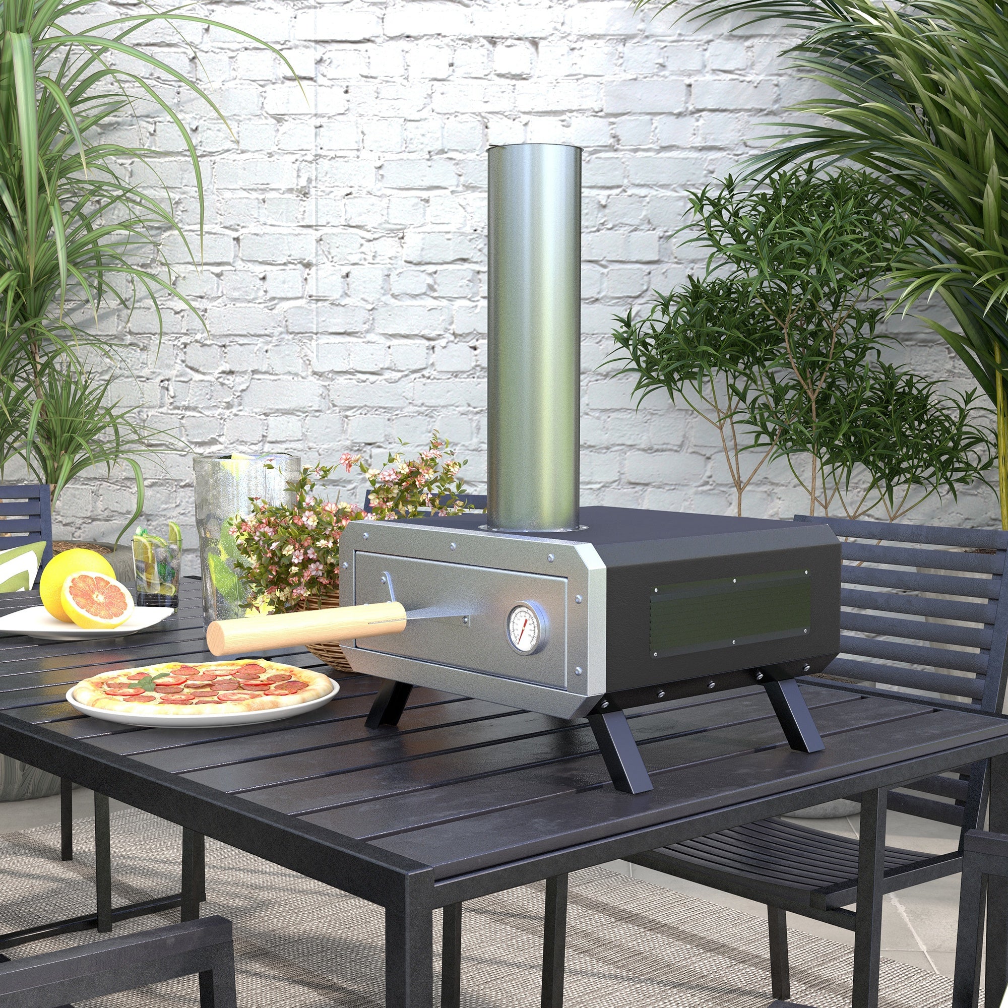 2-In-1 Pizza Oven Outdoor with Pizza Stone Wood-Fired Oven Pizza Peel Pizza Paddle Grill Oven for BBQ Steel Black