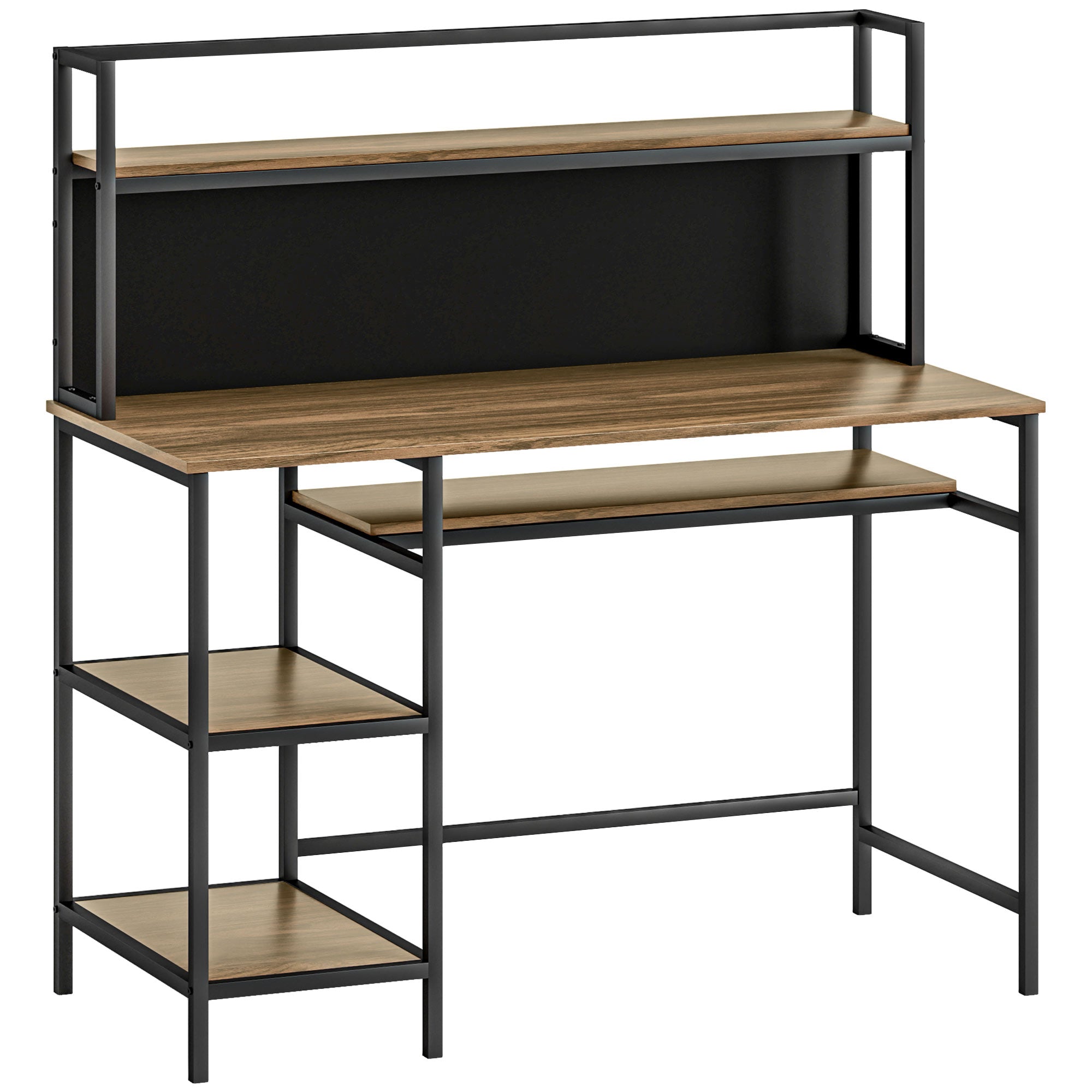 Desk with Storage Computer Desk with 4 Shelves, Large Worktop and Black Panel for Living Room Bedroom 120L x 53W x 126H cm, Brown and Black