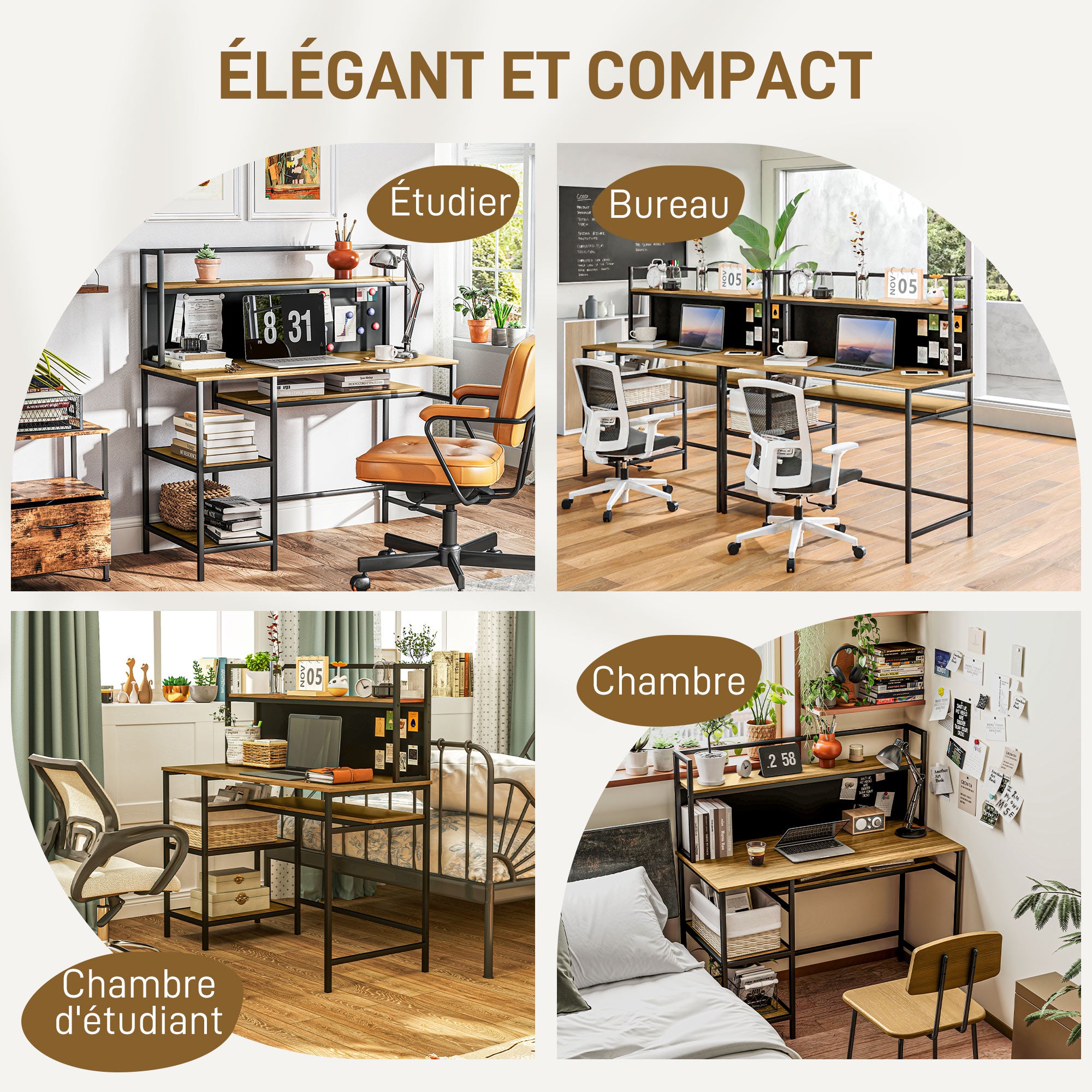 Desk with Storage Computer Desk with 4 Shelves, Large Worktop and Black Panel for Living Room Bedroom 120L x 53W x 126H cm, Brown and Black