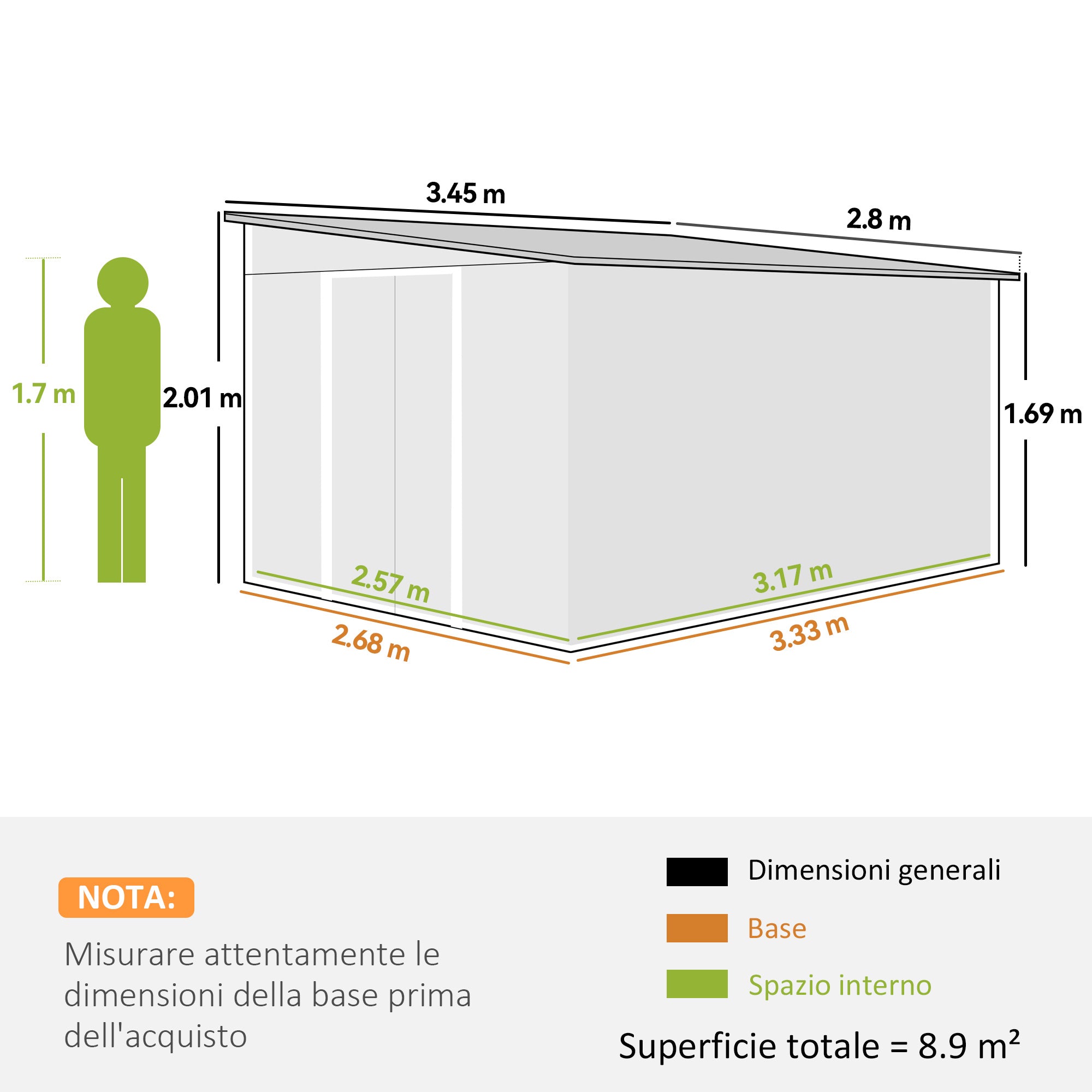 8.9m² Steel Garden Shed with 2 Air Vents, Tool Shed with Sloping Roof, Double Sliding Lockable Doors and Gloves, 280x345x169/201cm, Black