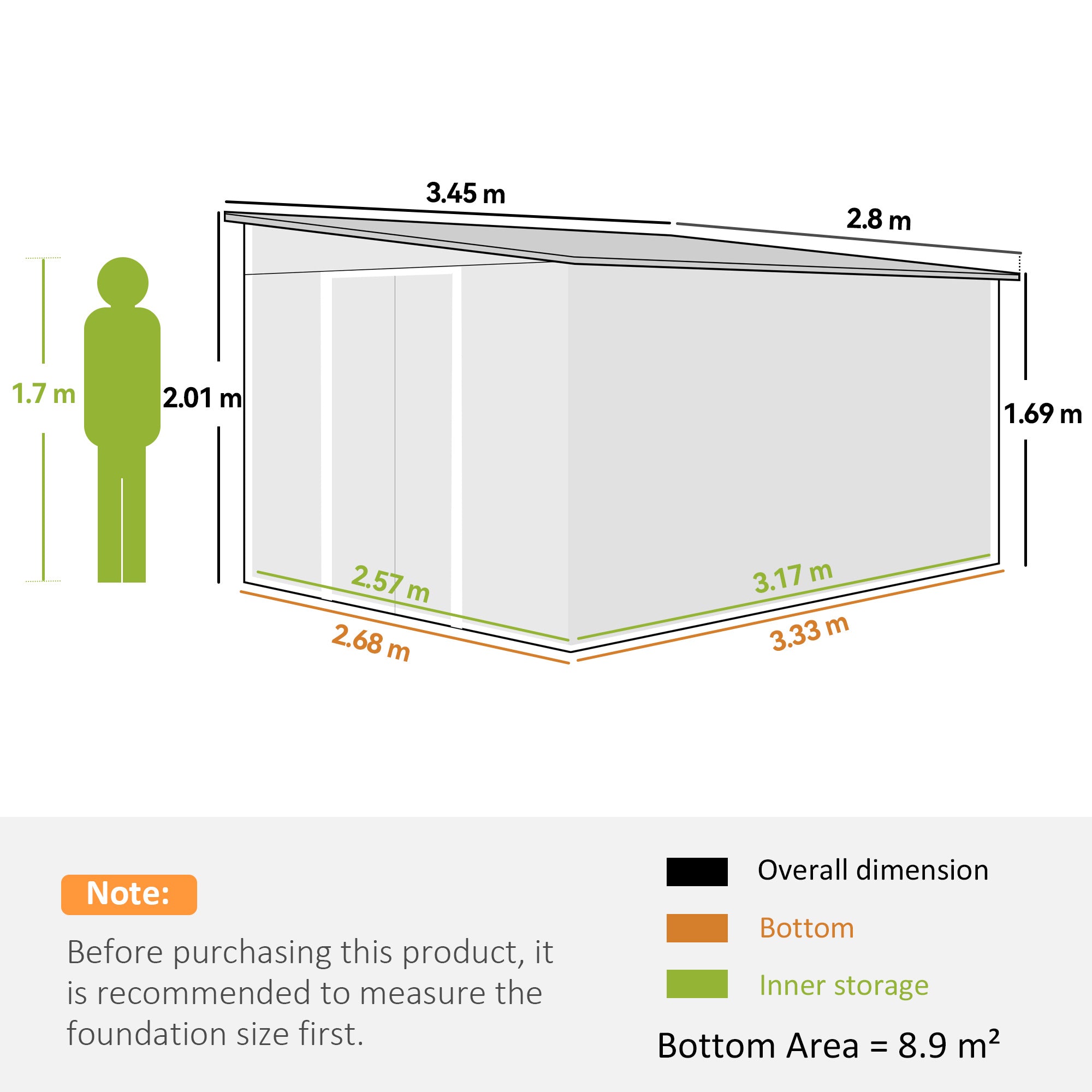 8.9m² Steel Garden Shed with 2 Air Vents, Tool Shed with Sloping Roof, Double Sliding Lockable Doors and Gloves, 280x345x169/201cm, Black
