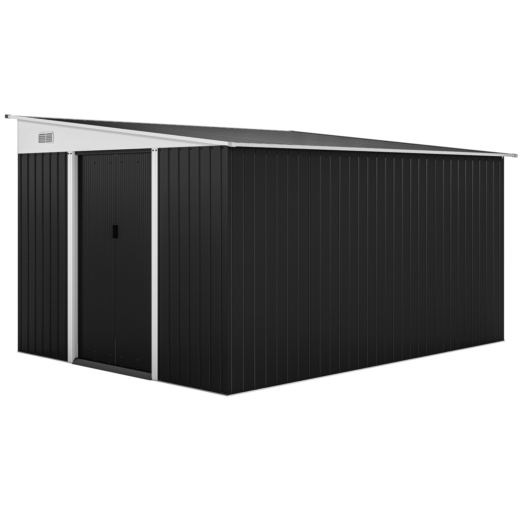 8.9m² Steel Garden Shed with 2 Air Vents, Tool Shed with Sloping Roof, Double Sliding Lockable Doors and Gloves, 280x345x169/201cm, Black