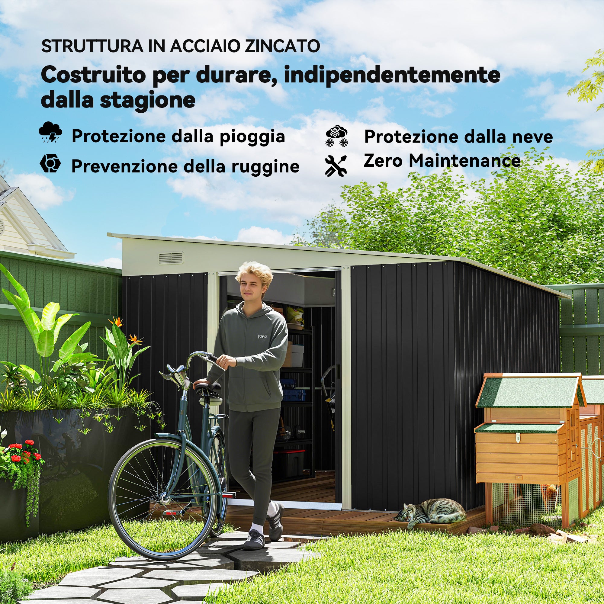 8.9m² Steel Garden Shed with 2 Air Vents, Tool Shed with Sloping Roof, Double Sliding Lockable Doors and Gloves, 280x345x169/201cm, Black