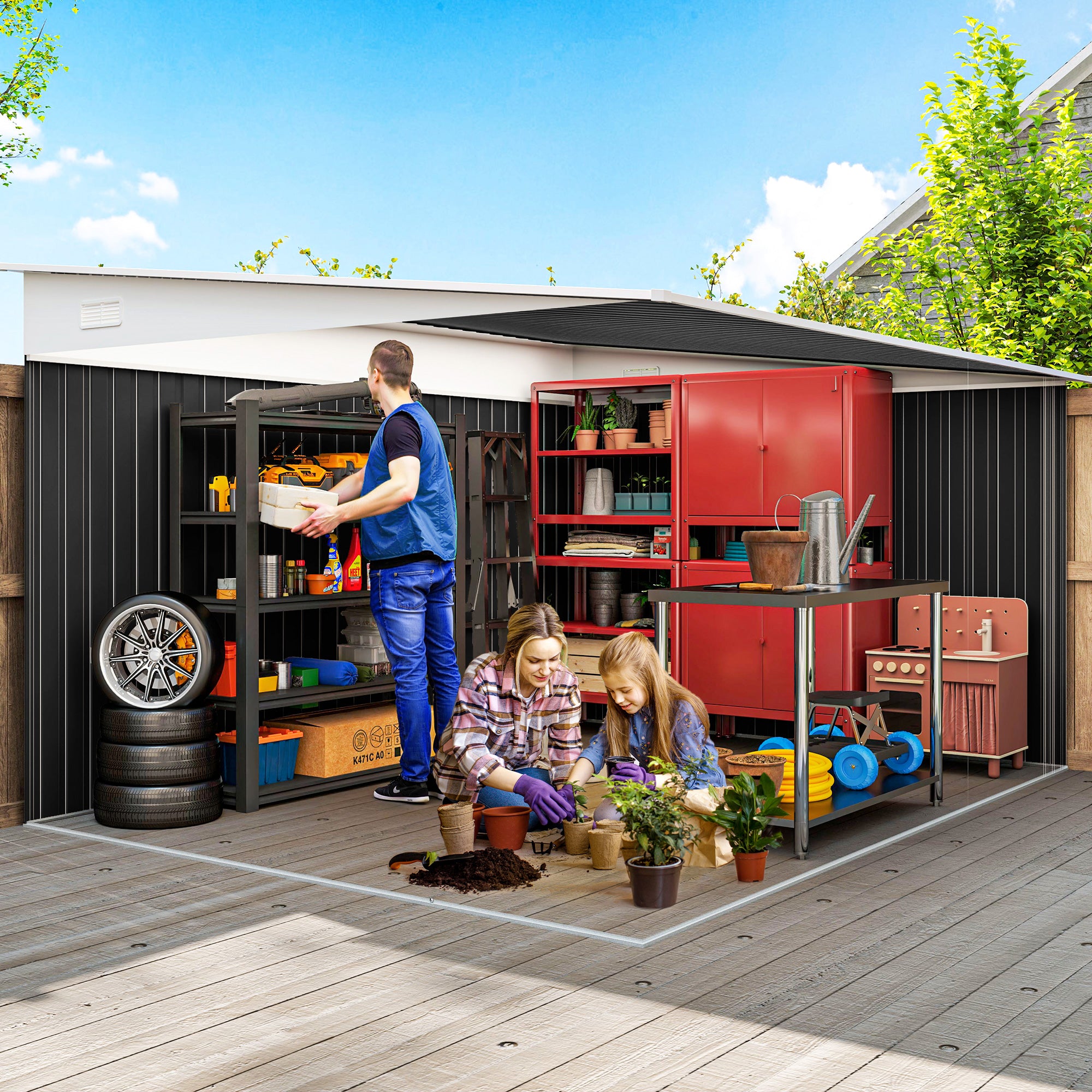 8.9m² Steel Garden Shed with 2 Air Vents, Tool Shed with Sloping Roof, Double Sliding Lockable Doors and Gloves, 280x345x169/201cm, Black