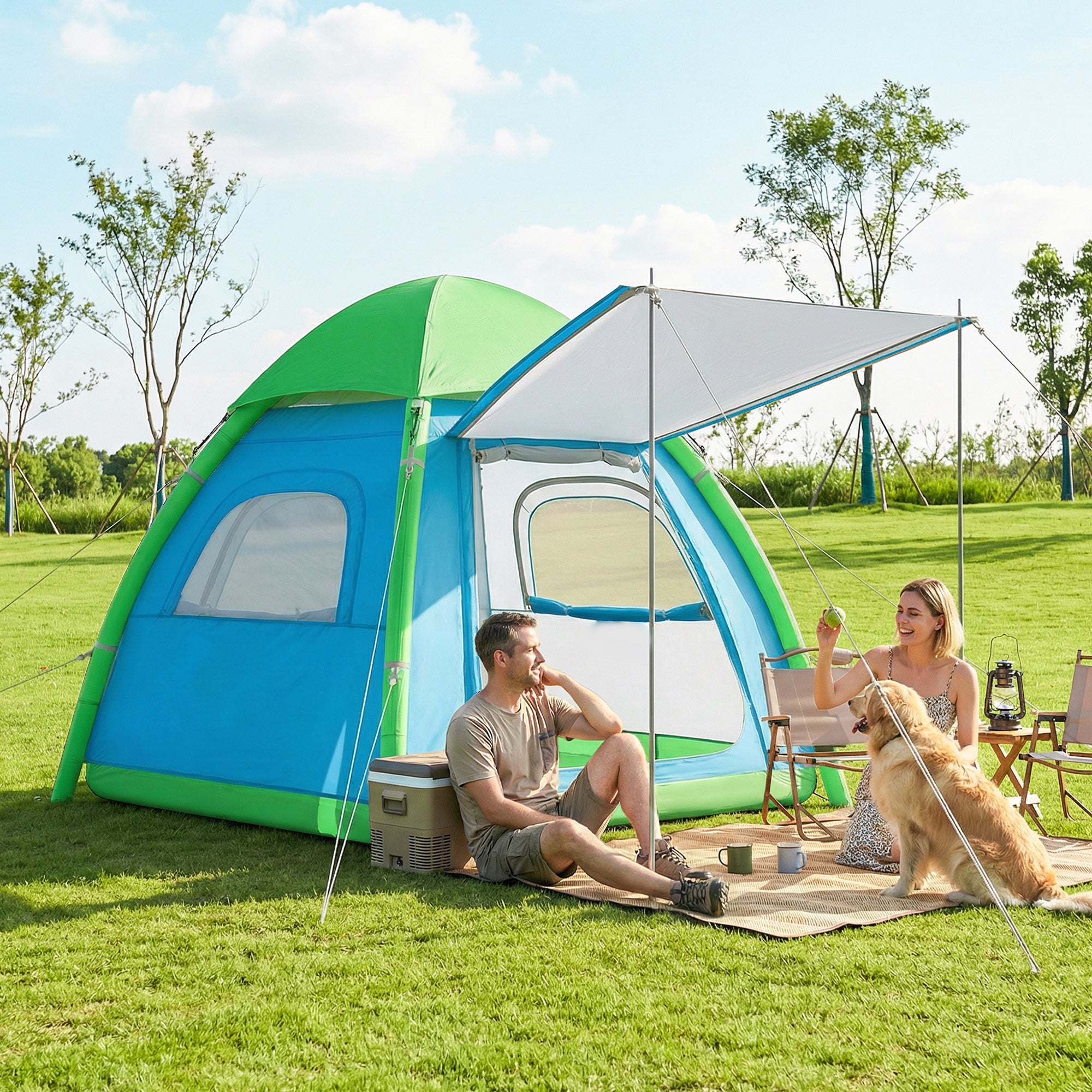 Inflatable 3-Person Camping Tent – Quick-Setup Air Tent with Pump, Mesh Windows, Removable Rainfly, Glow Pegs, Full Standing Height, 3000 mm Waterproof
