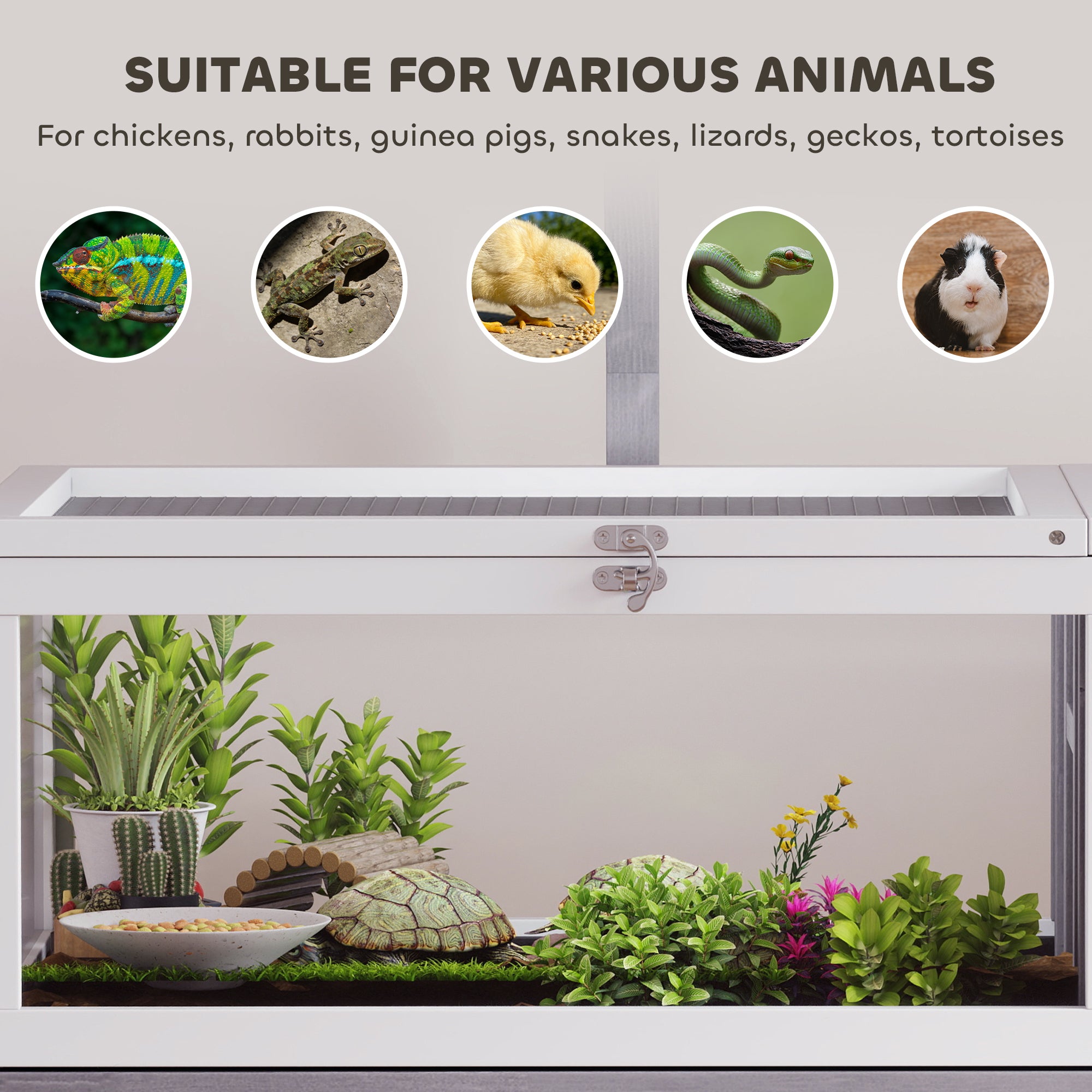 Elevated Wooden Turtle Hutch — Indoor/Outdoor 2-Zone Enclosure with Lamp Holder, Hinged Roof, Sliding Tray & Feeding Bowl — 104 x 53 x 82 cm (41 x 21 x 32 in) — Gray