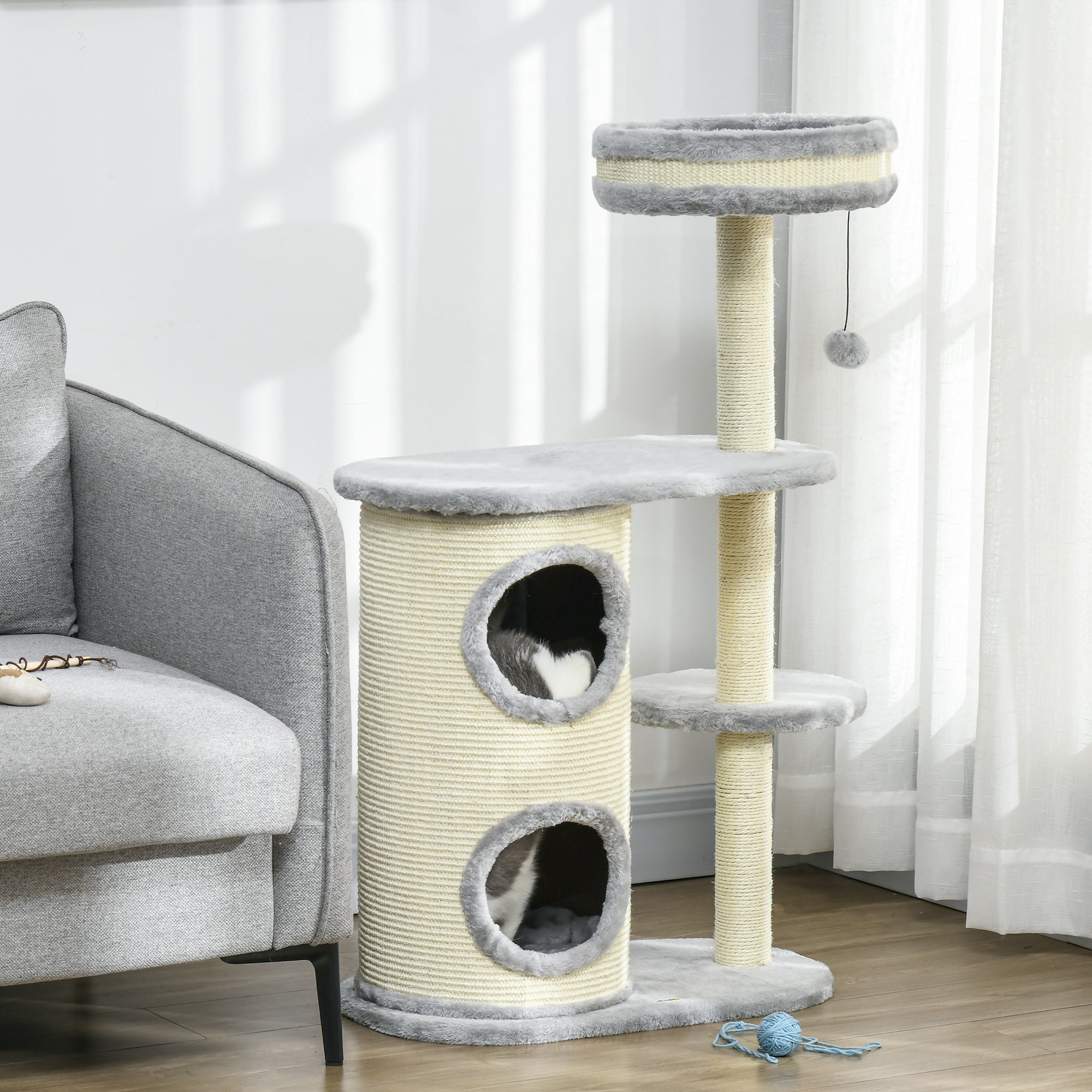 Cat Tree, 100 cm, Climbing Tree with Scratching Post, Cat Scratcher with Sisal Pole and Play Ball, Cat Furniture with Cushion, Plush, Gray