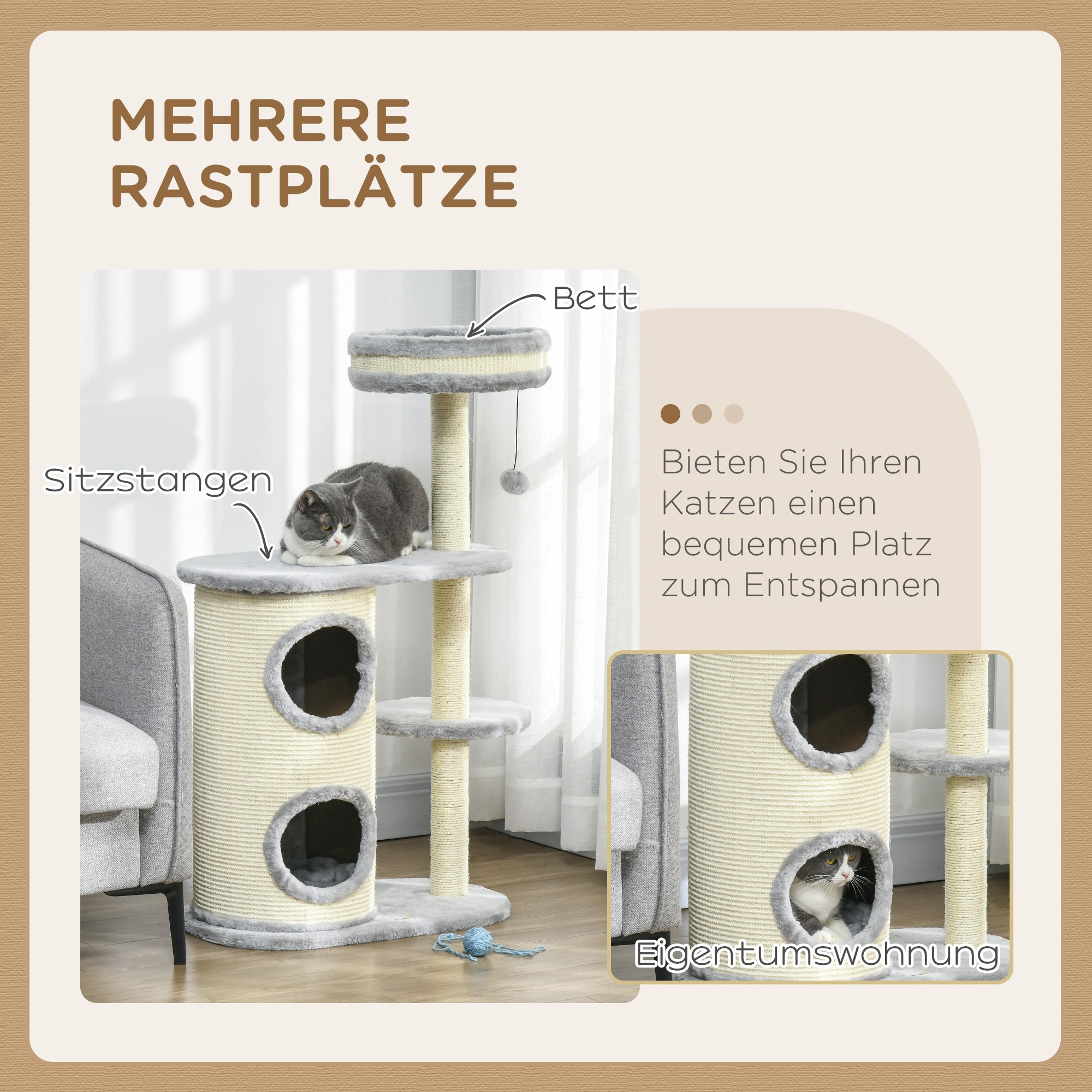 Cat Tree, 100 cm, Climbing Tree with Scratching Post, Cat Scratcher with Sisal Pole and Play Ball, Cat Furniture with Cushion, Plush, Gray