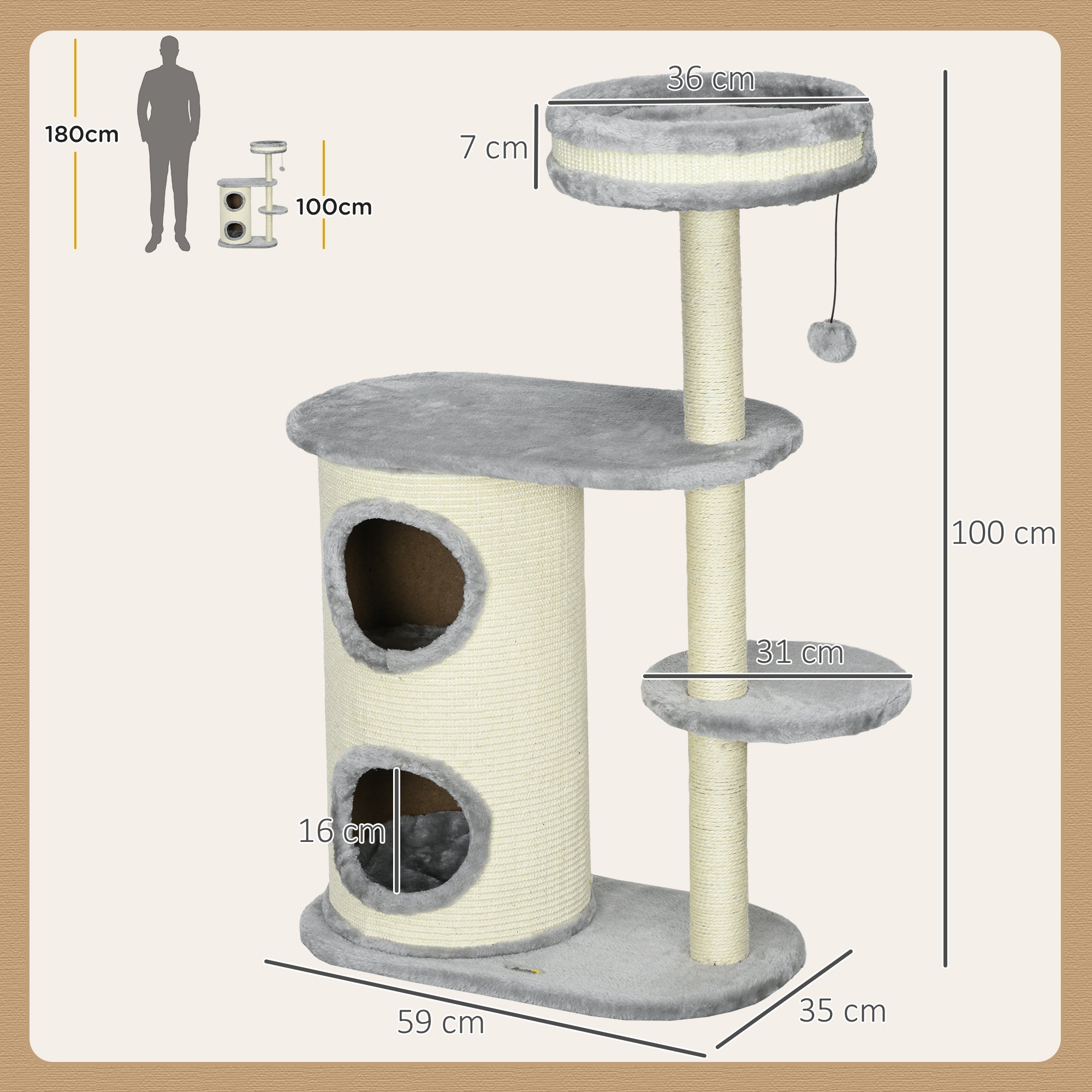 Cat Tree, 100 cm, Climbing Tree with Scratching Post, Cat Scratcher with Sisal Pole and Play Ball, Cat Furniture with Cushion, Plush, Gray