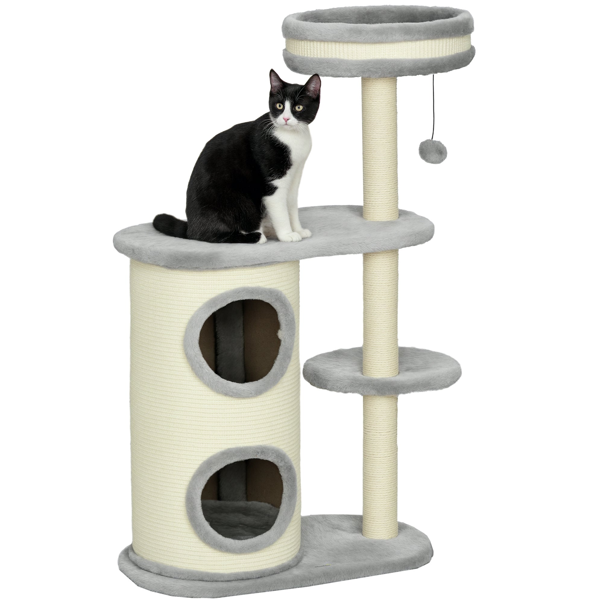 Cat Tree, 100 cm, Climbing Tree with Scratching Post, Cat Scratcher with Sisal Pole and Play Ball, Cat Furniture with Cushion, Plush, Gray