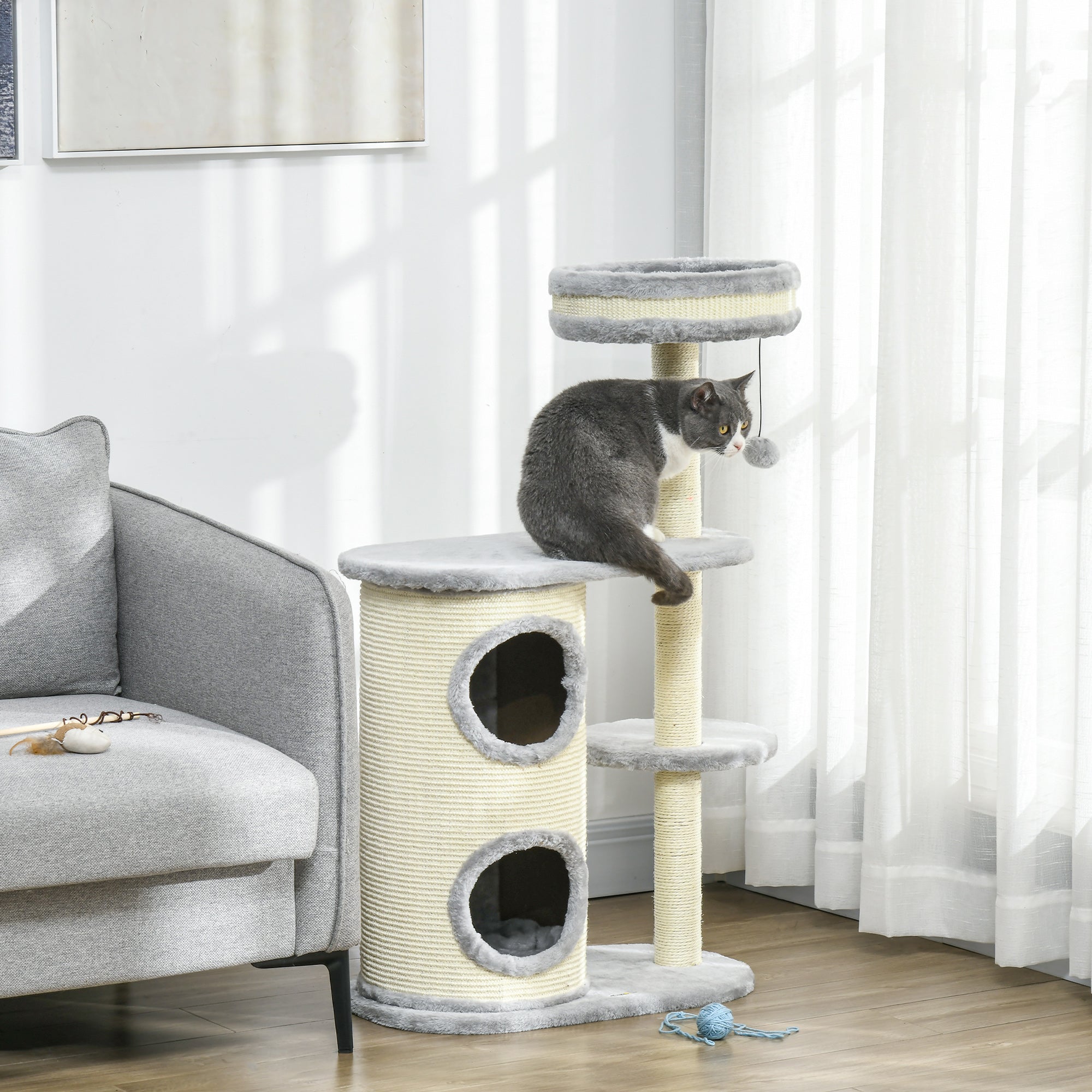 Cat Tree, 100 cm, Climbing Tree with Scratching Post, Cat Scratcher with Sisal Pole and Play Ball, Cat Furniture with Cushion, Plush, Gray