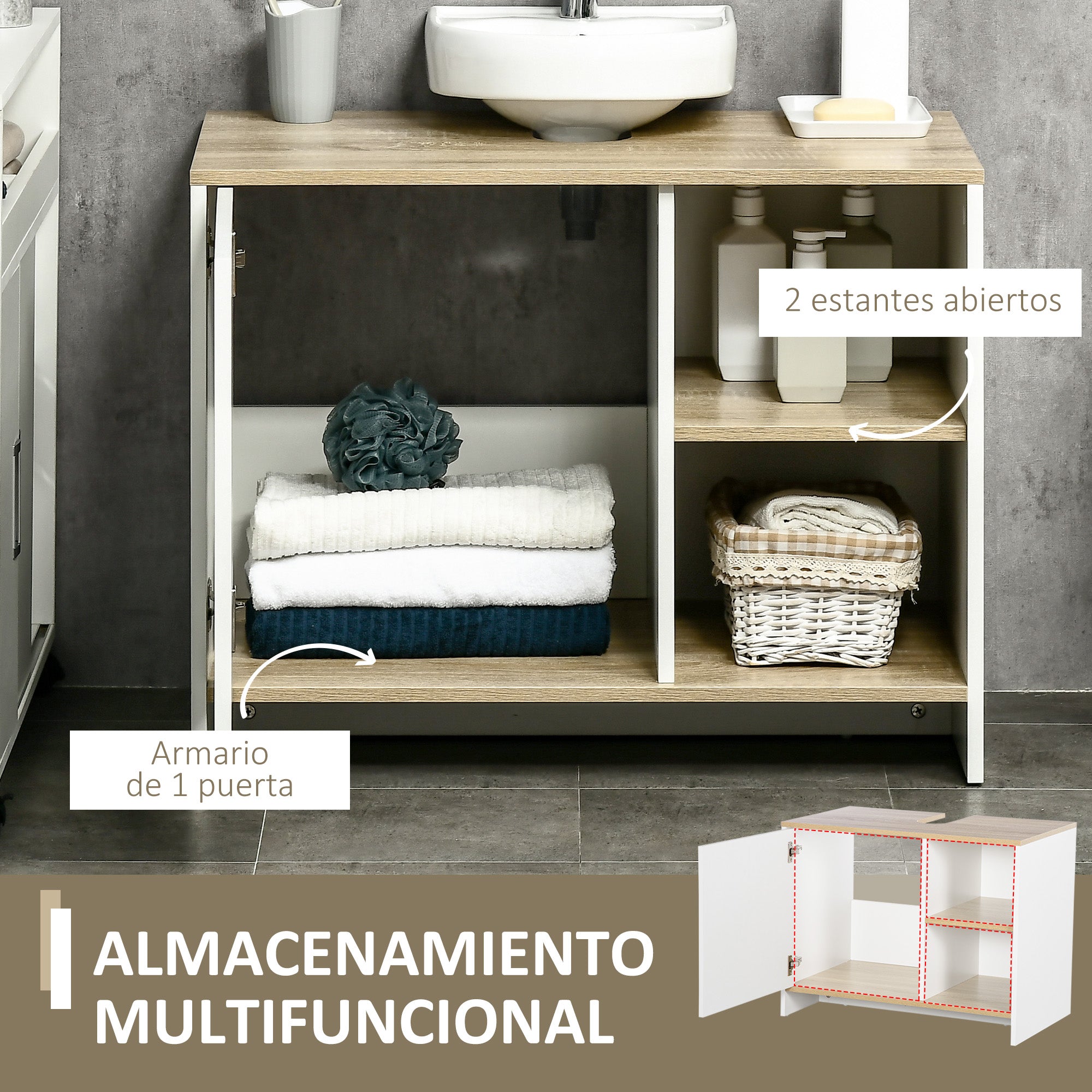 Under Sink Cabinet Modern Bathroom Cabinet with Compartments and Door 77x45x60 cm White and Natural