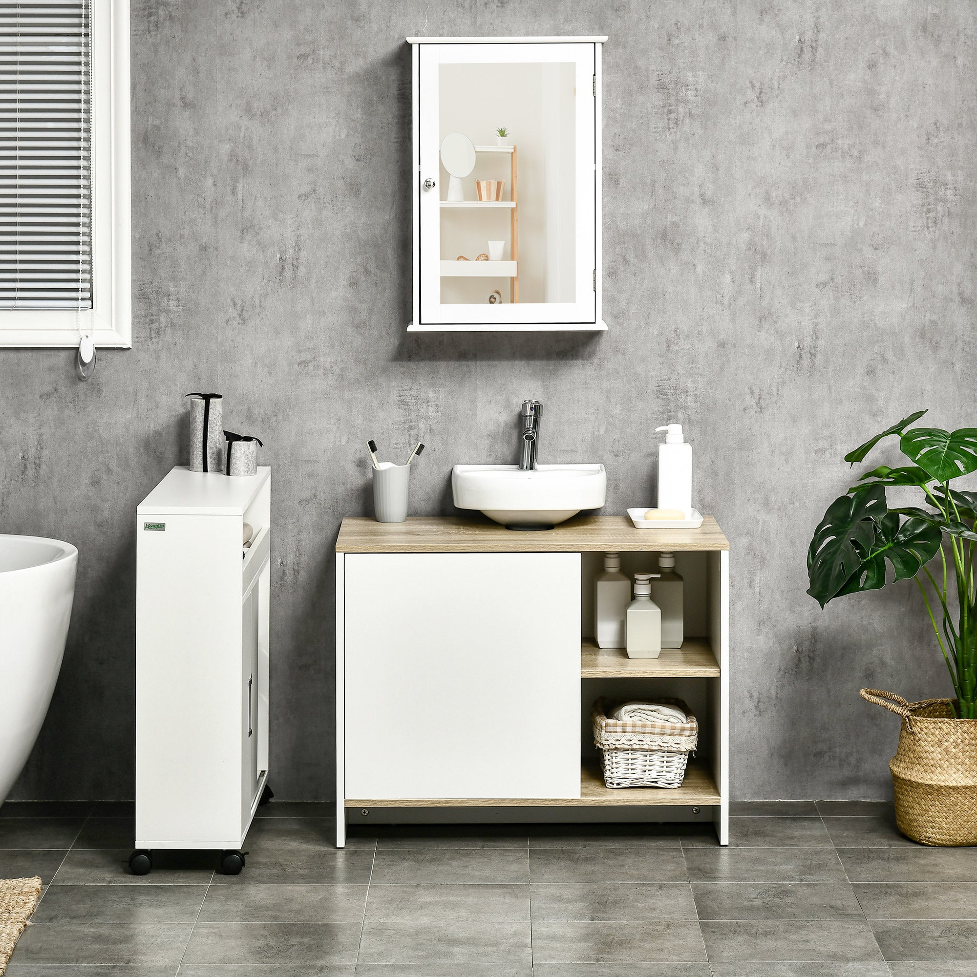 Under Sink Cabinet Modern Bathroom Cabinet with Compartments and Door 77x45x60 cm White and Natural