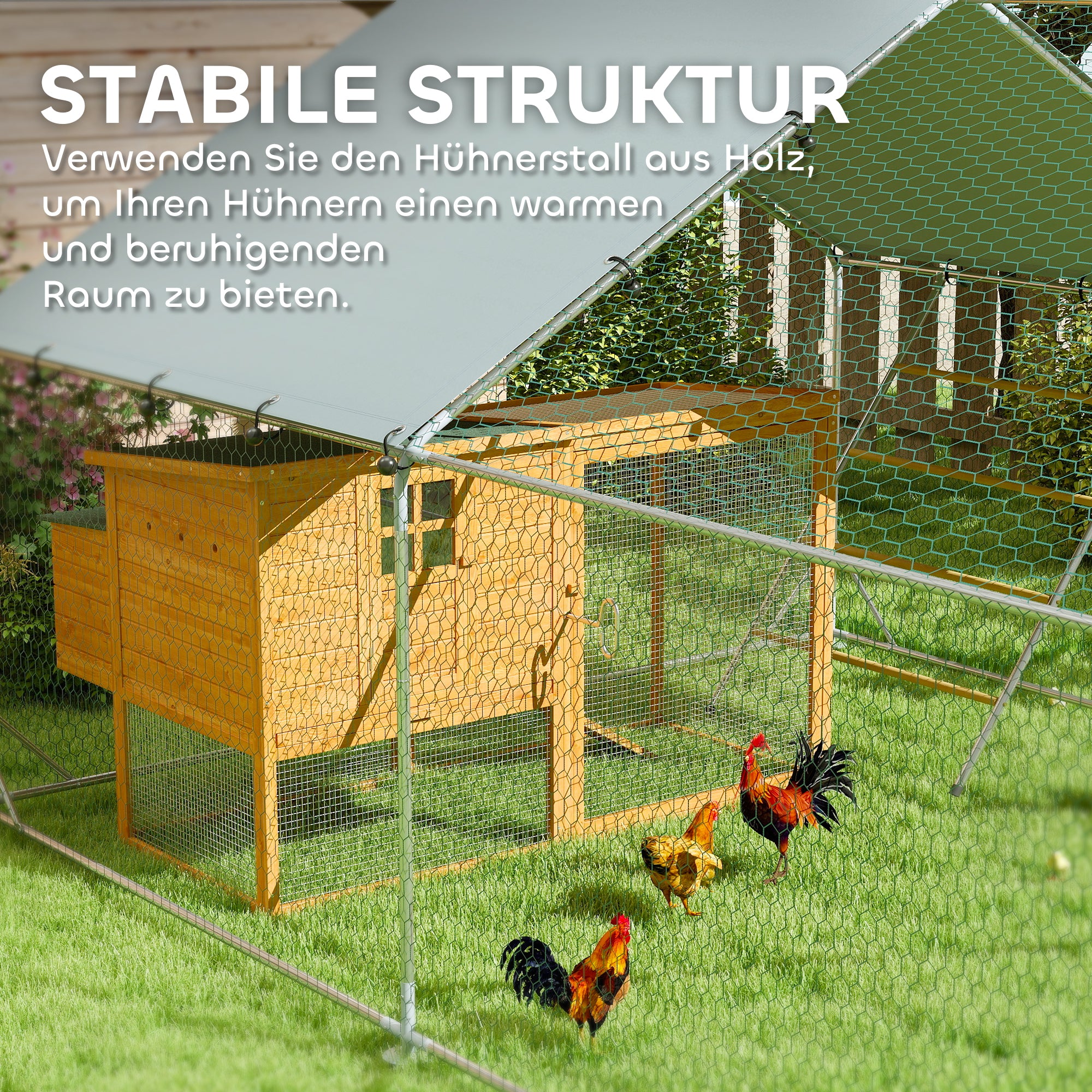 Chicken Coop Run made of Steel, 3 x 8 x 1.95m Chicken Cage with UV-Resistant Cover, Feeding Door, Hanging Feeder, Perch, Chicken Enclosure for 24-30 Chickens, Small Animals, Silver