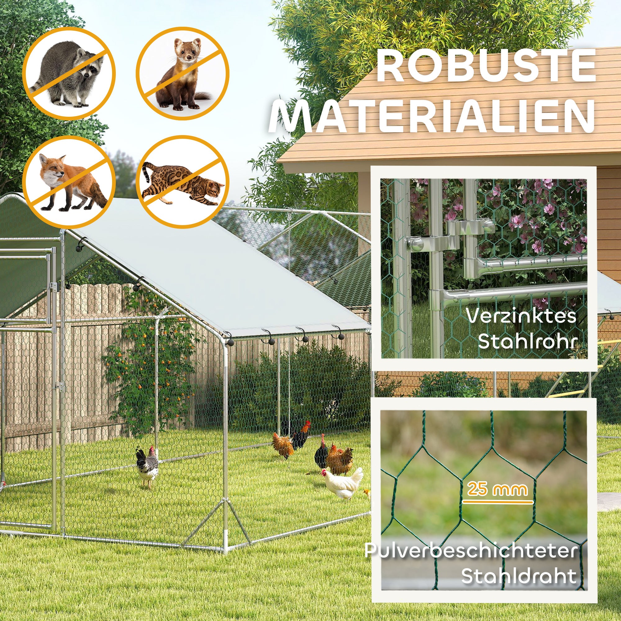 Chicken Coop Run made of Steel, 3 x 8 x 1.95m Chicken Cage with UV-Resistant Cover, Feeding Door, Hanging Feeder, Perch, Chicken Enclosure for 24-30 Chickens, Small Animals, Silver