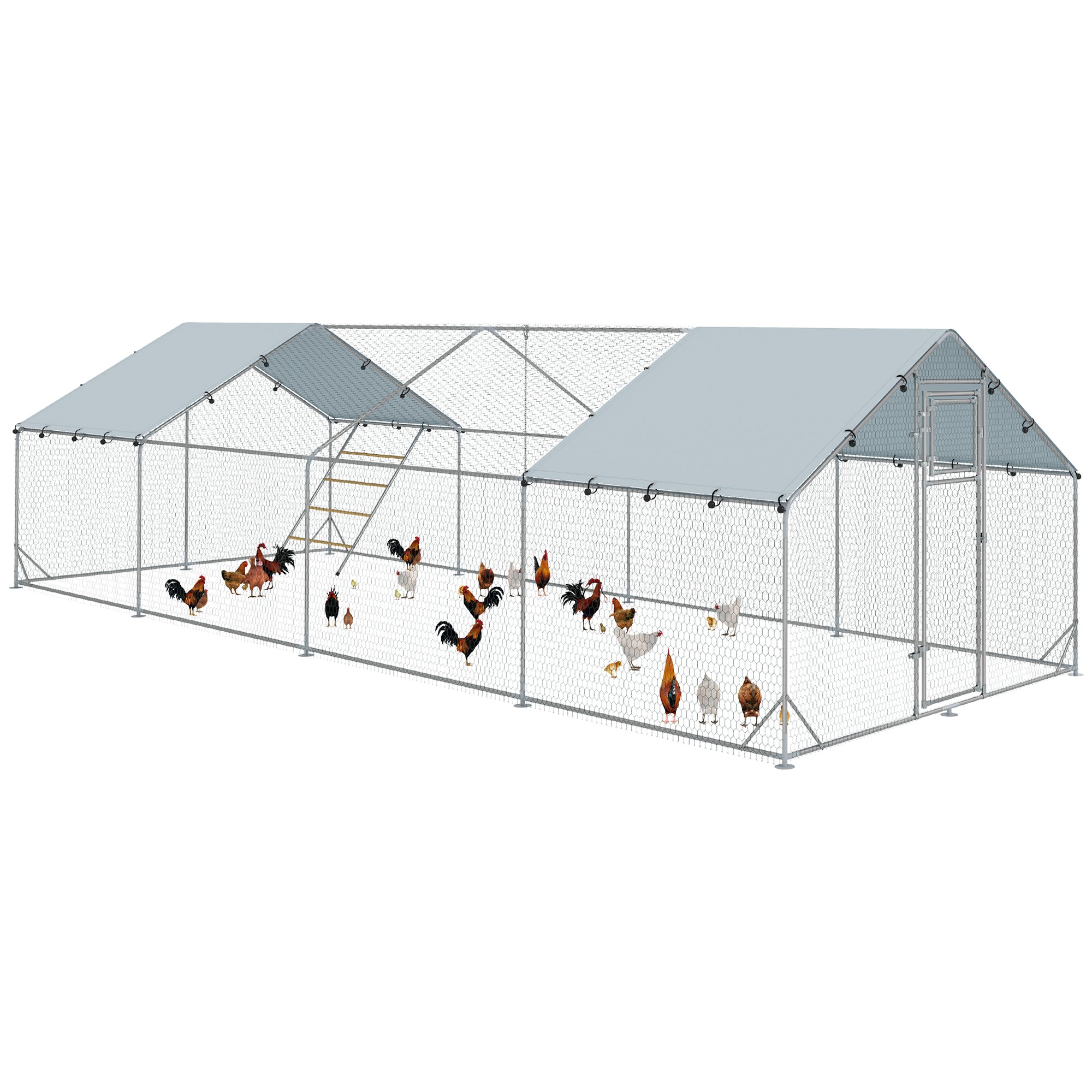 Chicken Coop Run made of Steel, 3 x 8 x 1.95m Chicken Cage with UV-Resistant Cover, Feeding Door, Hanging Feeder, Perch, Chicken Enclosure for 24-30 Chickens, Small Animals, Silver
