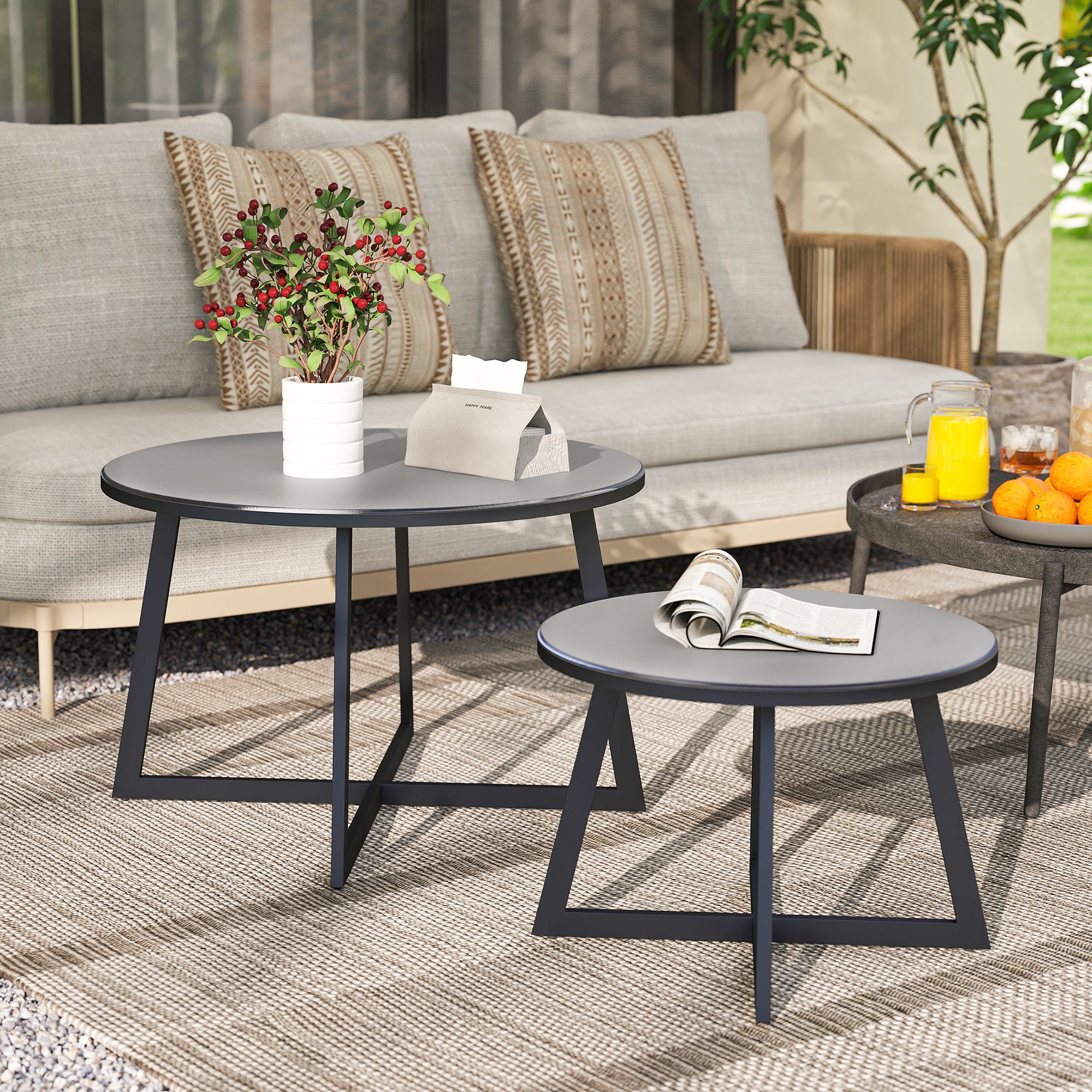 2-Piece Stackable Side Table Set Garden Table Round Weatherproof Balcony Table with X-Legs Glass Top Steel Camping Table Coffee Table for Living Room Office Outdoor Indoor Black+Gray