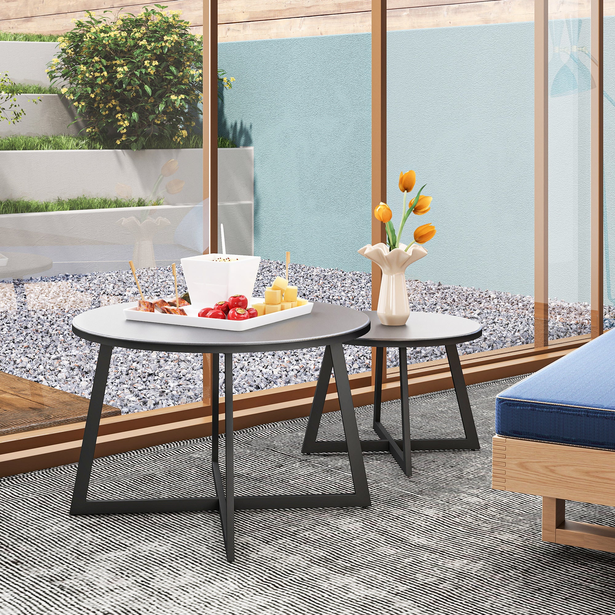 2-Piece Stackable Side Table Set Garden Table Round Weatherproof Balcony Table with X-Legs Glass Top Steel Camping Table Coffee Table for Living Room Office Outdoor Indoor Black+Gray