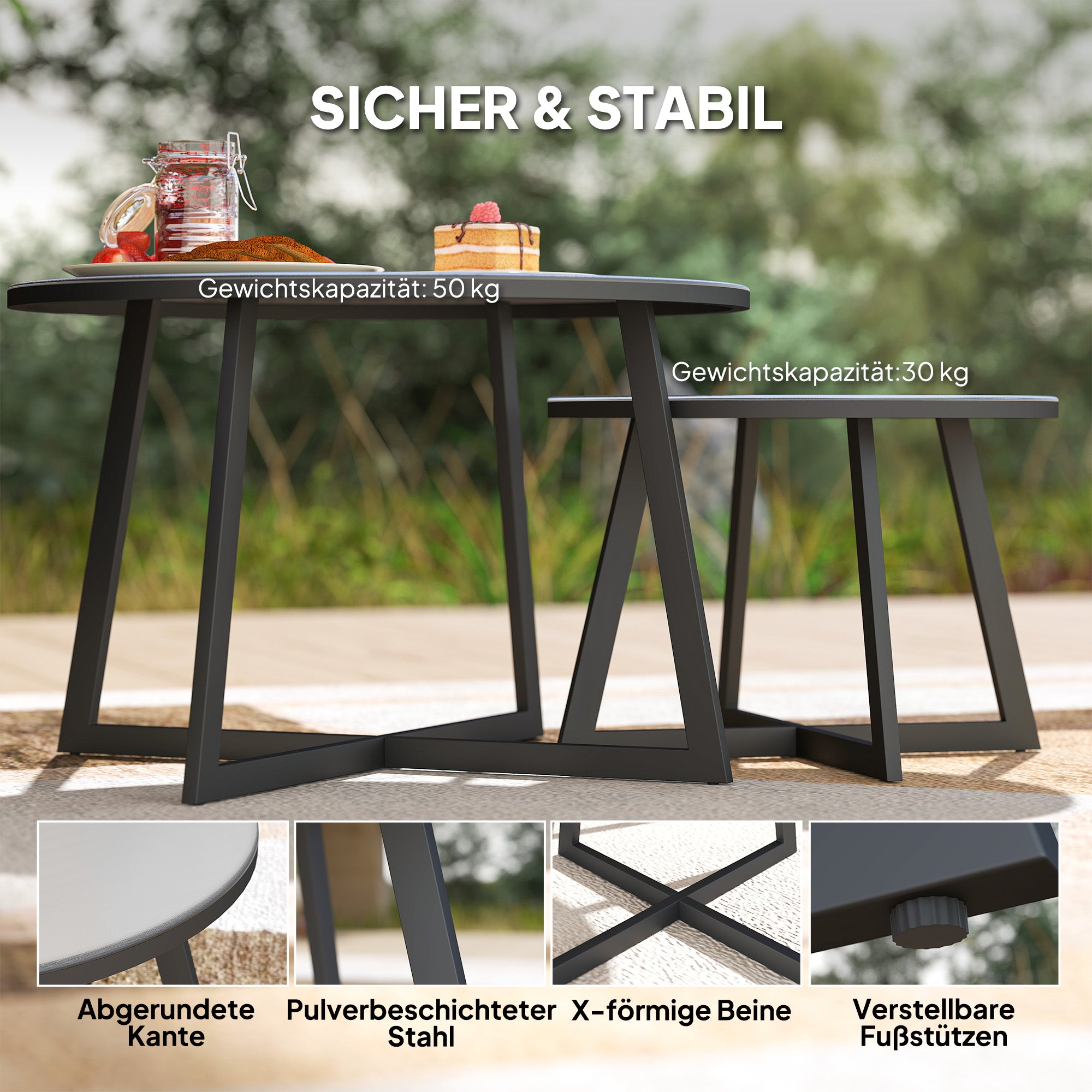 2-Piece Stackable Side Table Set Garden Table Round Weatherproof Balcony Table with X-Legs Glass Top Steel Camping Table Coffee Table for Living Room Office Outdoor Indoor Black+Gray