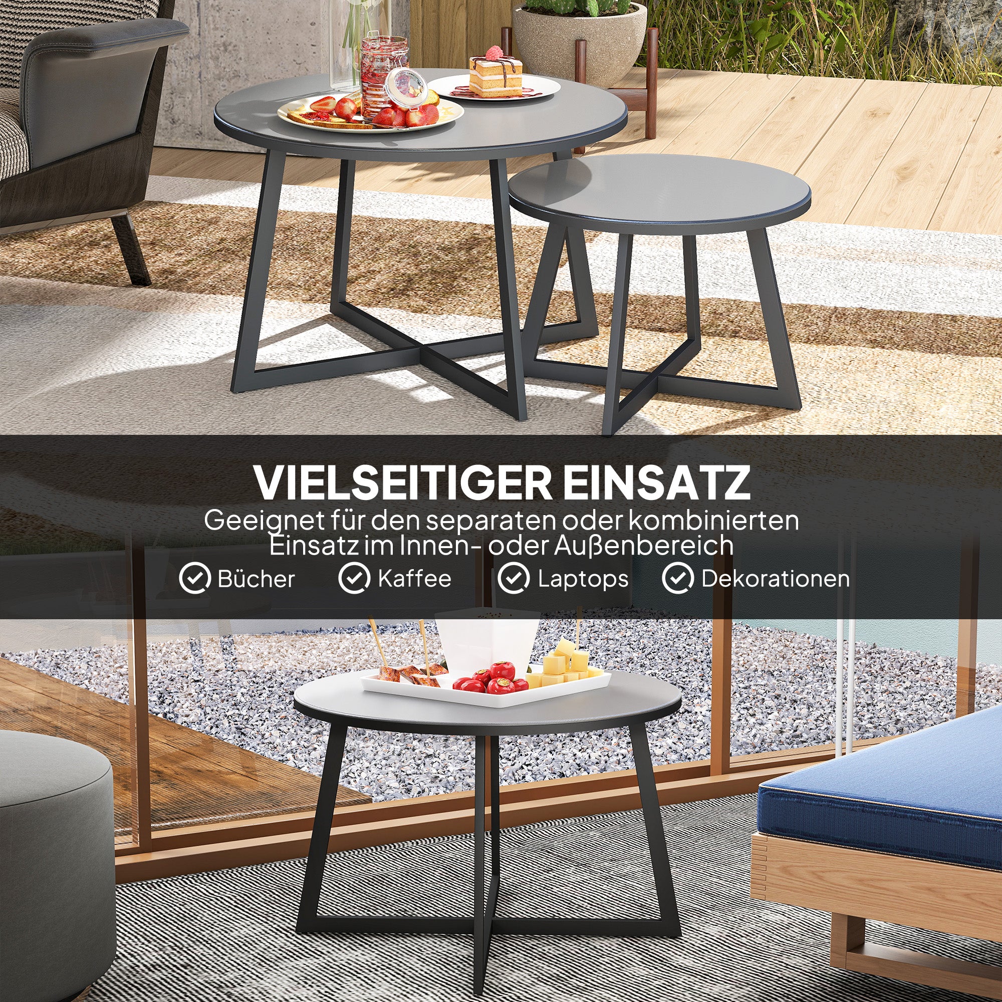 2-Piece Stackable Side Table Set Garden Table Round Weatherproof Balcony Table with X-Legs Glass Top Steel Camping Table Coffee Table for Living Room Office Outdoor Indoor Black+Gray
