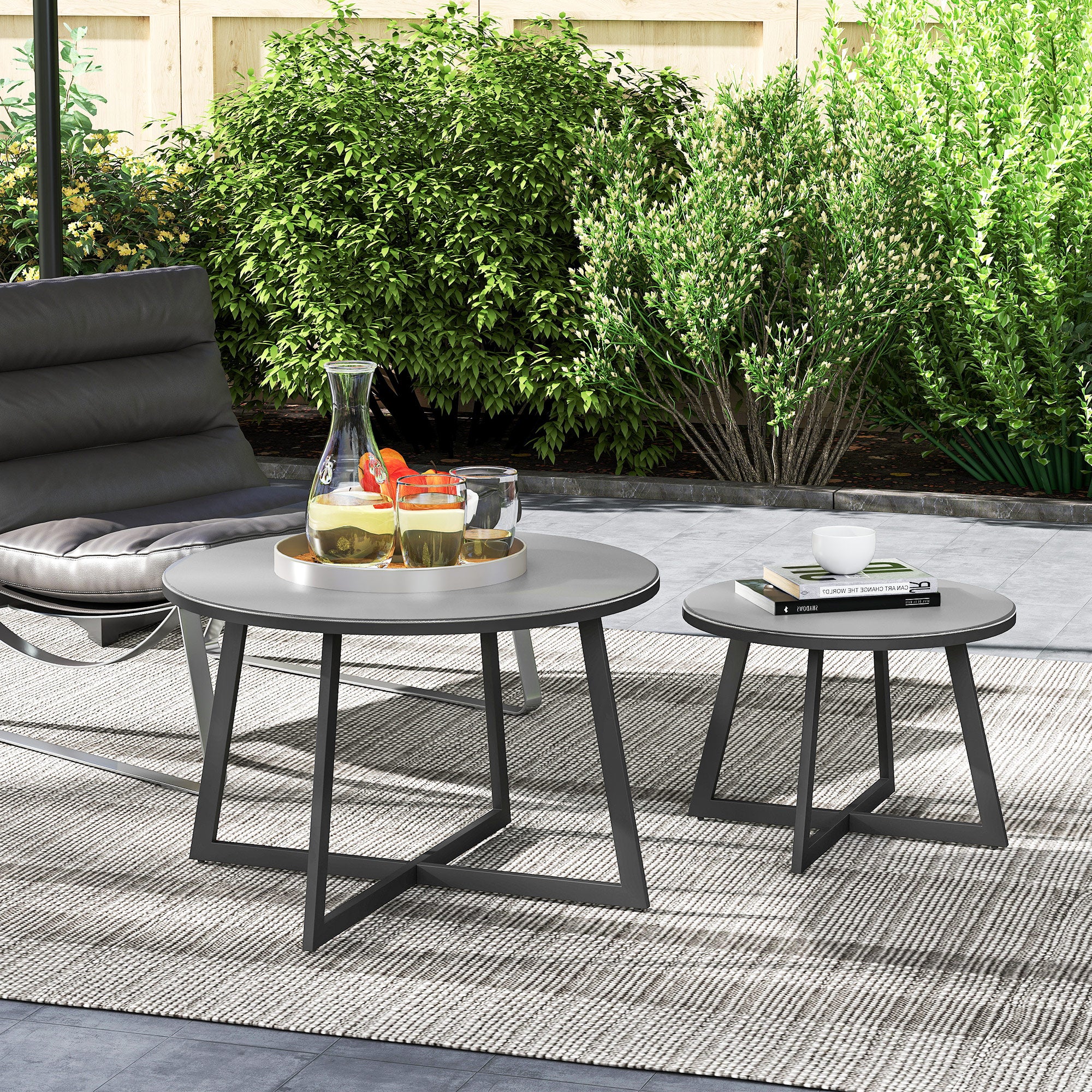 2-Piece Stackable Side Table Set Garden Table Round Weatherproof Balcony Table with X-Legs Glass Top Steel Camping Table Coffee Table for Living Room Office Outdoor Indoor Black+Gray
