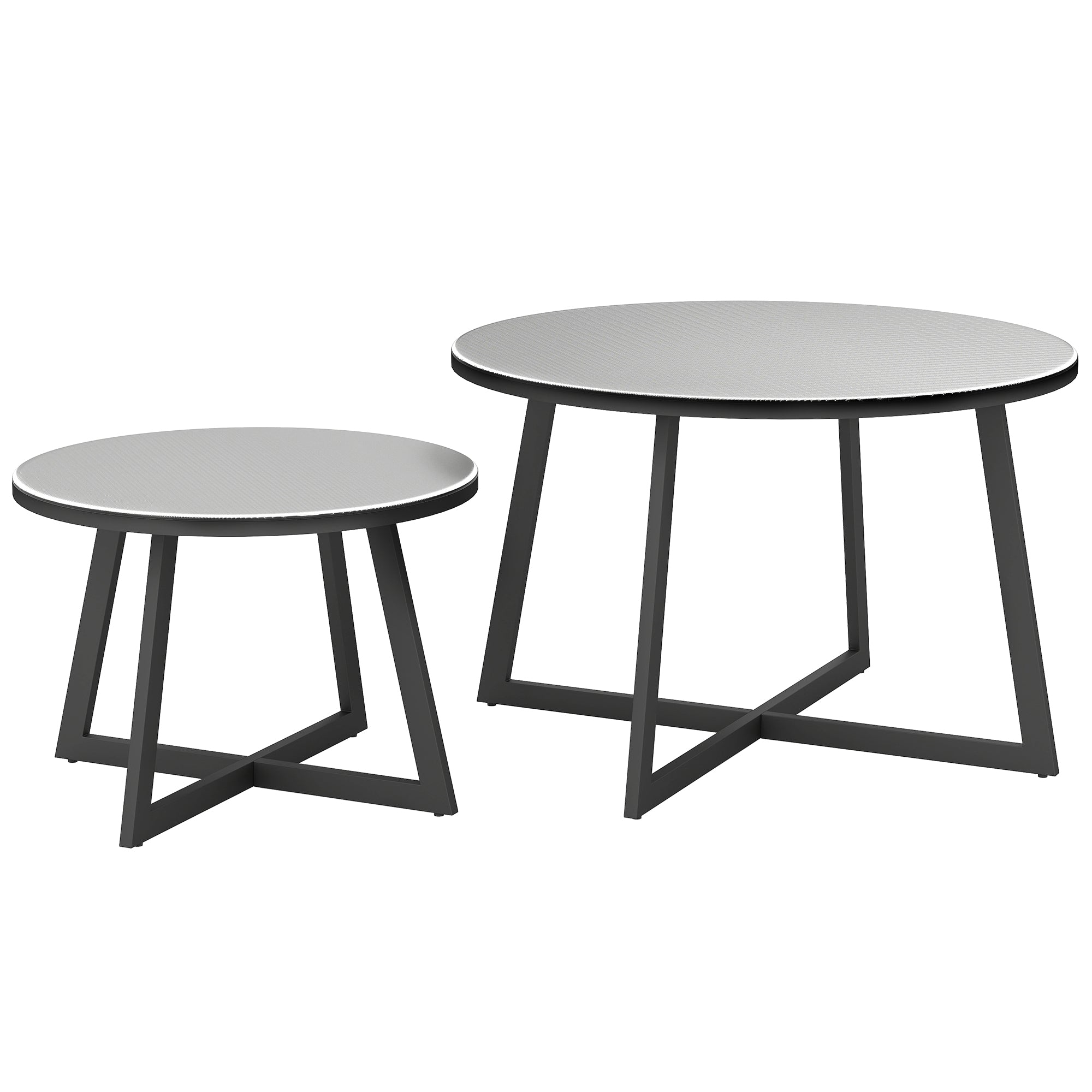2-Piece Stackable Side Table Set Garden Table Round Weatherproof Balcony Table with X-Legs Glass Top Steel Camping Table Coffee Table for Living Room Office Outdoor Indoor Black+Gray