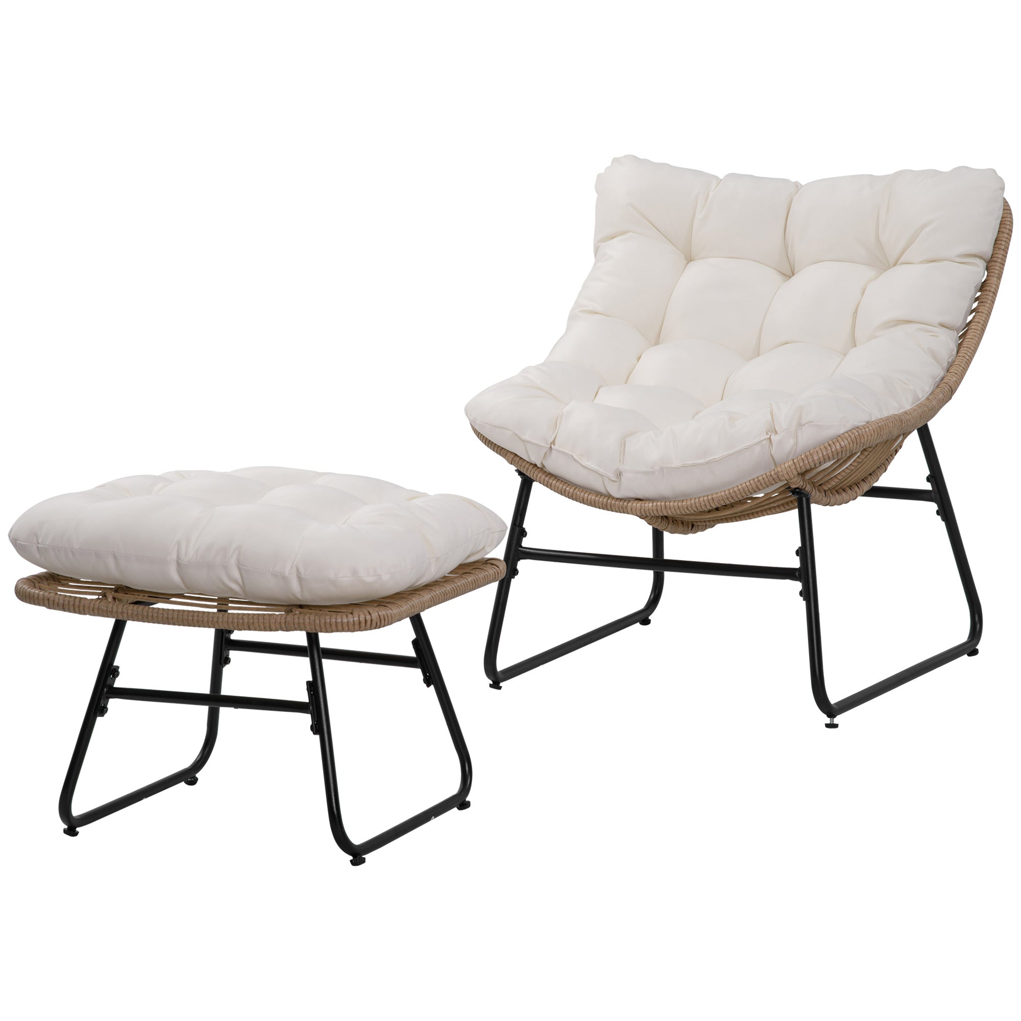 Garden Armchair with Epoxy Metal Frame and Resin Wicker Footstool with Plush Cushions - Natural