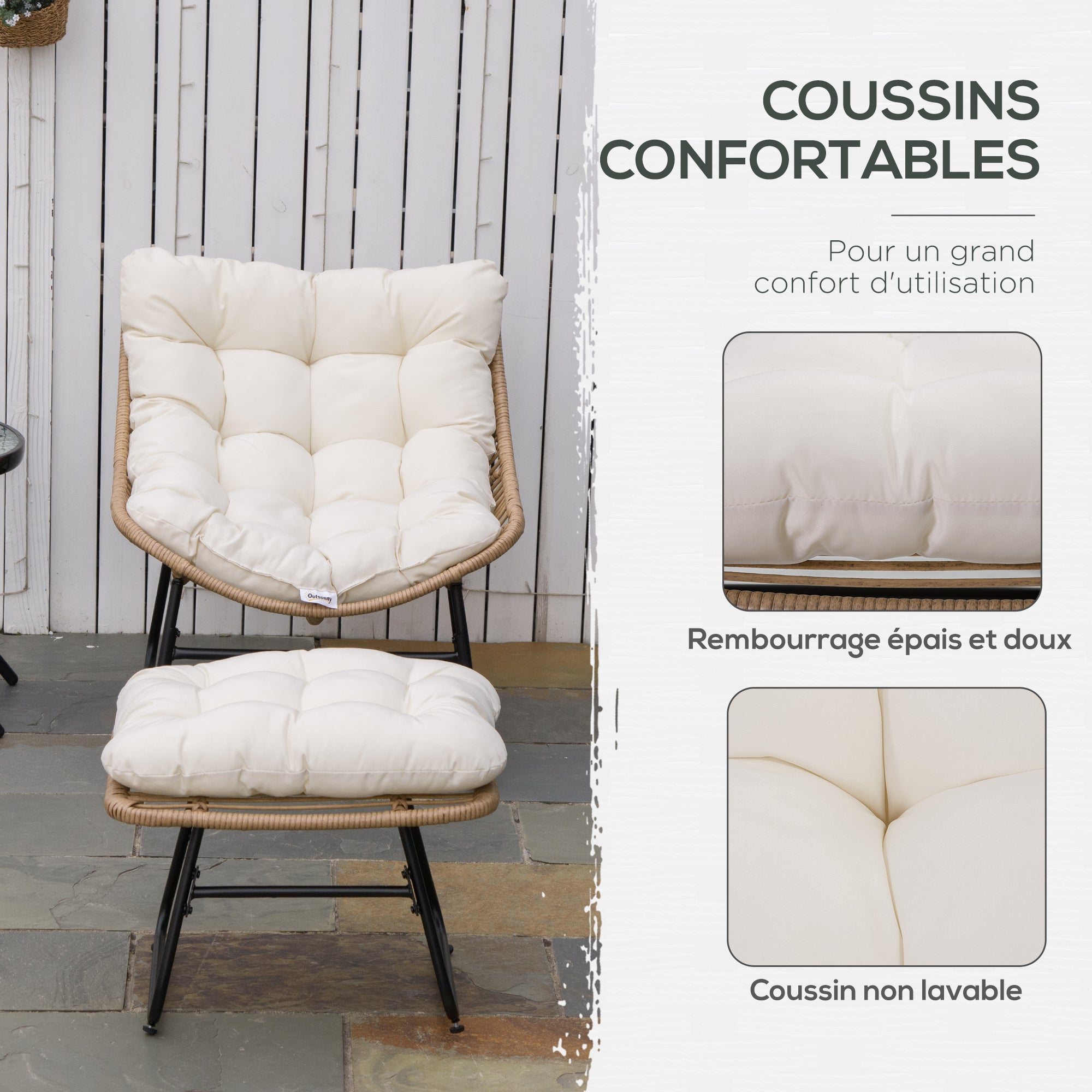 Garden Armchair with Epoxy Metal Frame and Resin Wicker Footstool with Plush Cushions - Natural