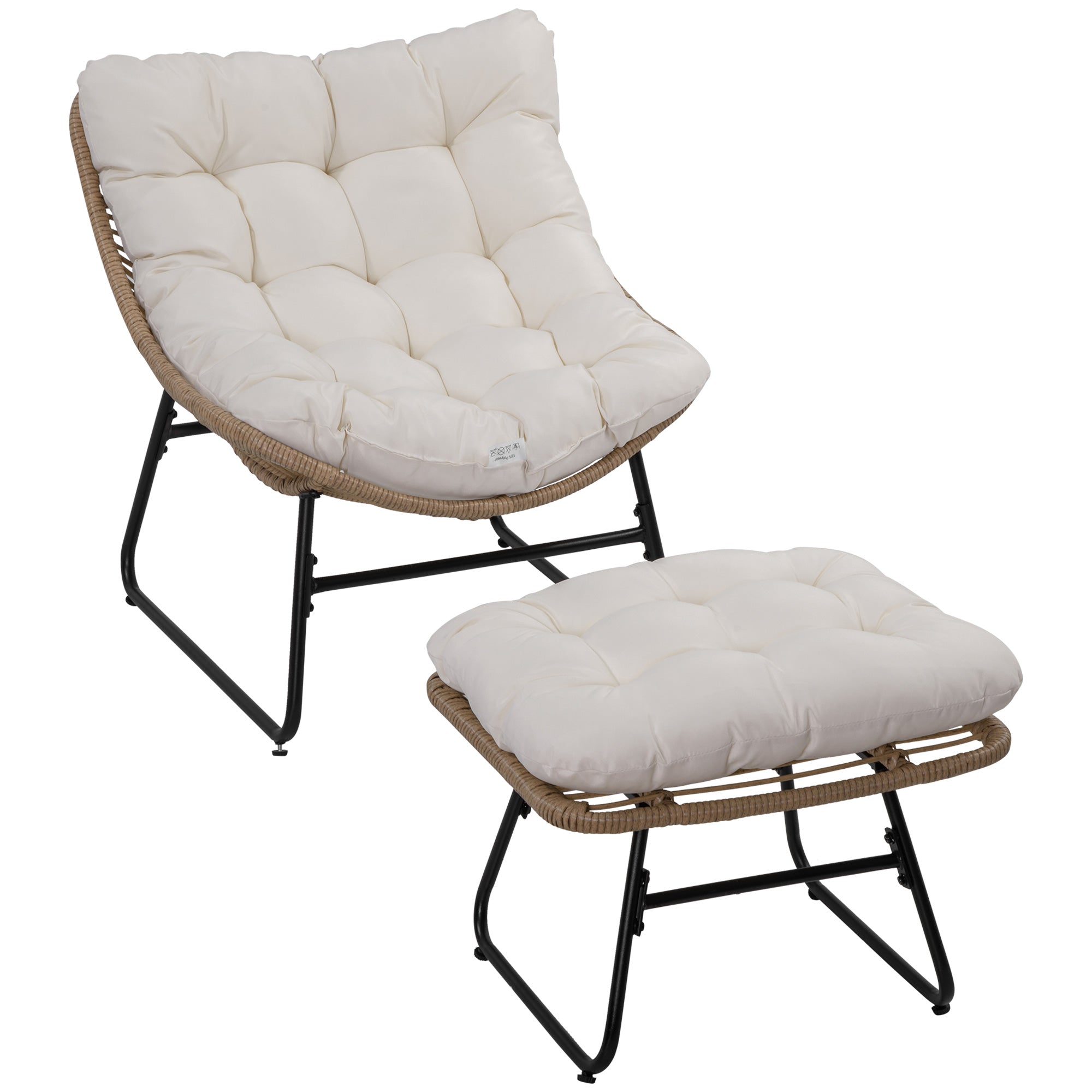Garden Armchair with Epoxy Metal Frame and Resin Wicker Footstool with Plush Cushions - Natural