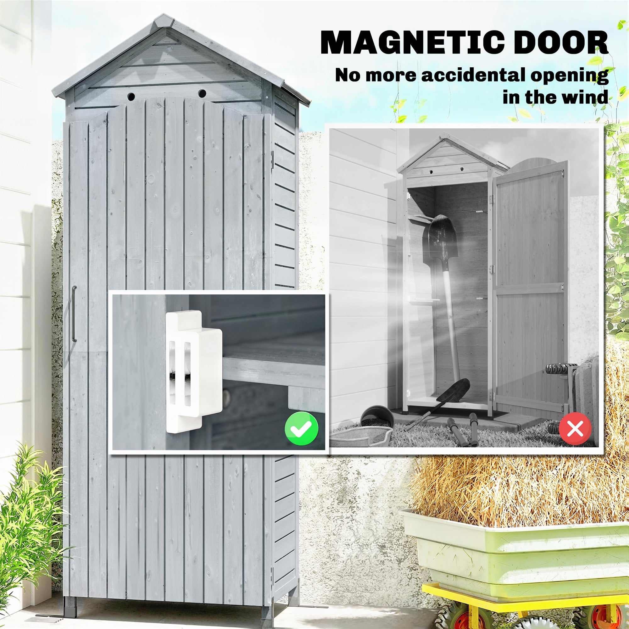Extra-Tall Wooden Garden Storage Shed with Adjustable Shelves, Magnetic Door, Galvanized Roof, Ventilation & Anti-Tip Kit, 85 x 58 x 213 cm (33.5 x 22.8 x 84 in) – Gray