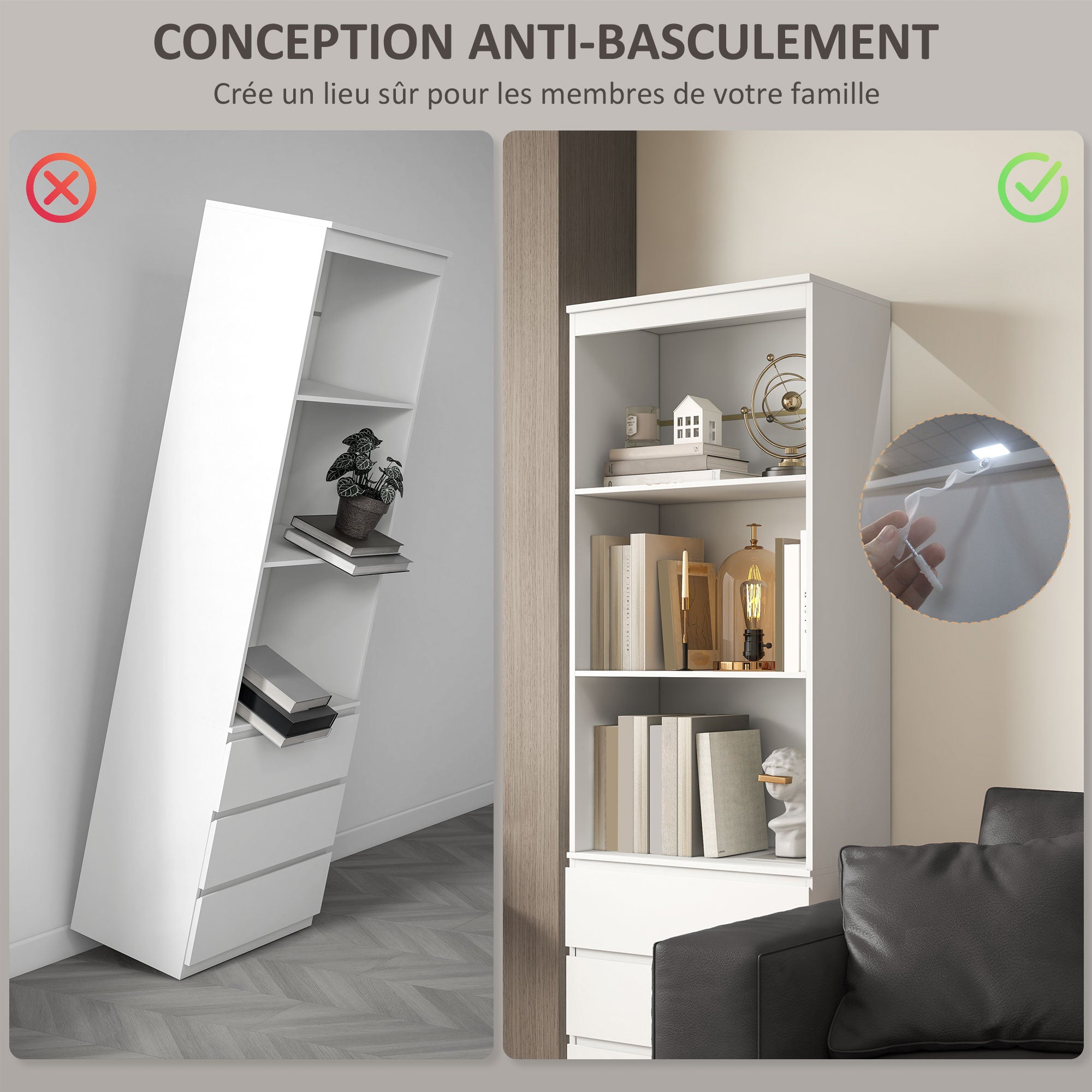 Bookcase Storage Cabinet High 180 cm with 3 Shelves and 3 Drawers in White Wood 60 x 35 x 180 cm
