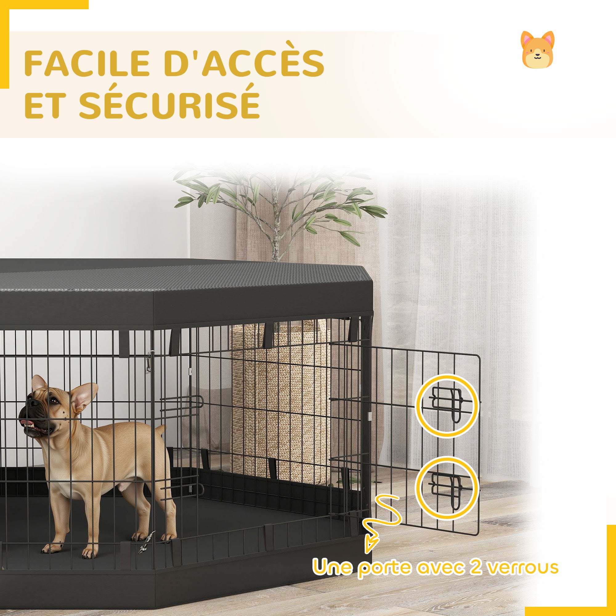 Dog Playpen, Indoor Dog Enclosure, 8 Foldable Modular Panels, with Door, Upper and Lower Cover, Steel, 61 x 61 cm, Black