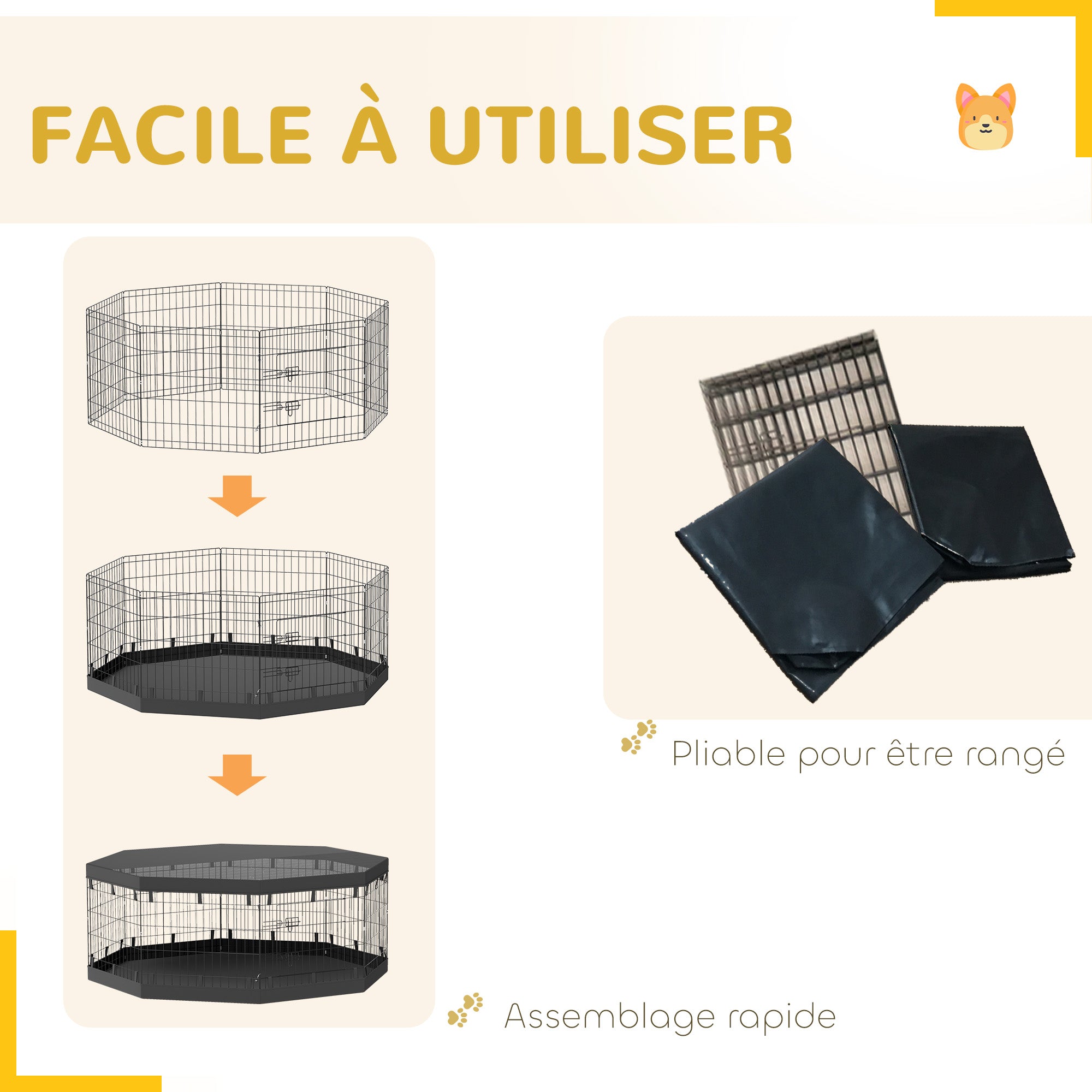 Dog Playpen, Indoor Dog Enclosure, 8 Foldable Modular Panels, with Door, Upper and Lower Cover, Steel, 61 x 61 cm, Black