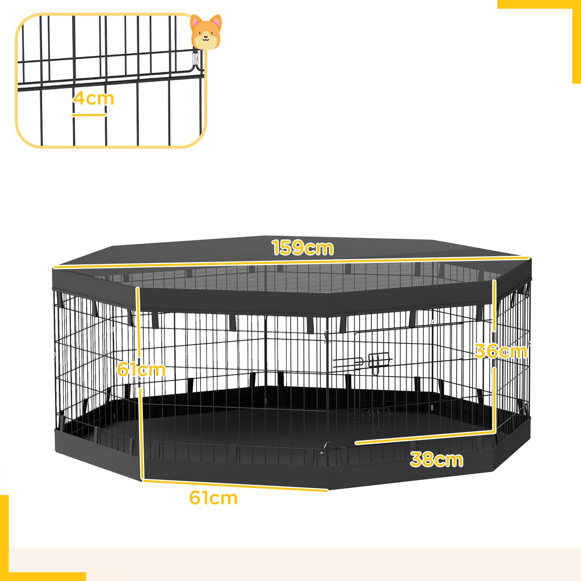 Dog Playpen, Indoor Dog Enclosure, 8 Foldable Modular Panels, with Door, Upper and Lower Cover, Steel, 61 x 61 cm, Black