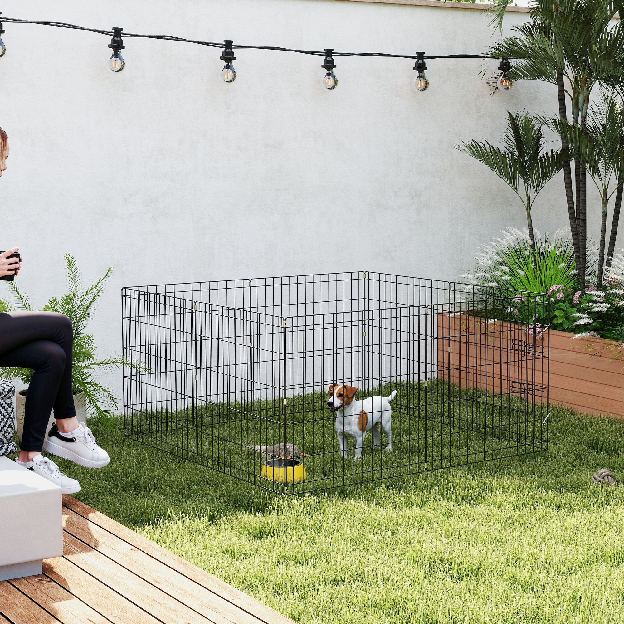 Dog Playpen, Indoor Dog Enclosure, 8 Foldable Modular Panels, with Door, Upper and Lower Cover, Steel, 61 x 61 cm, Black