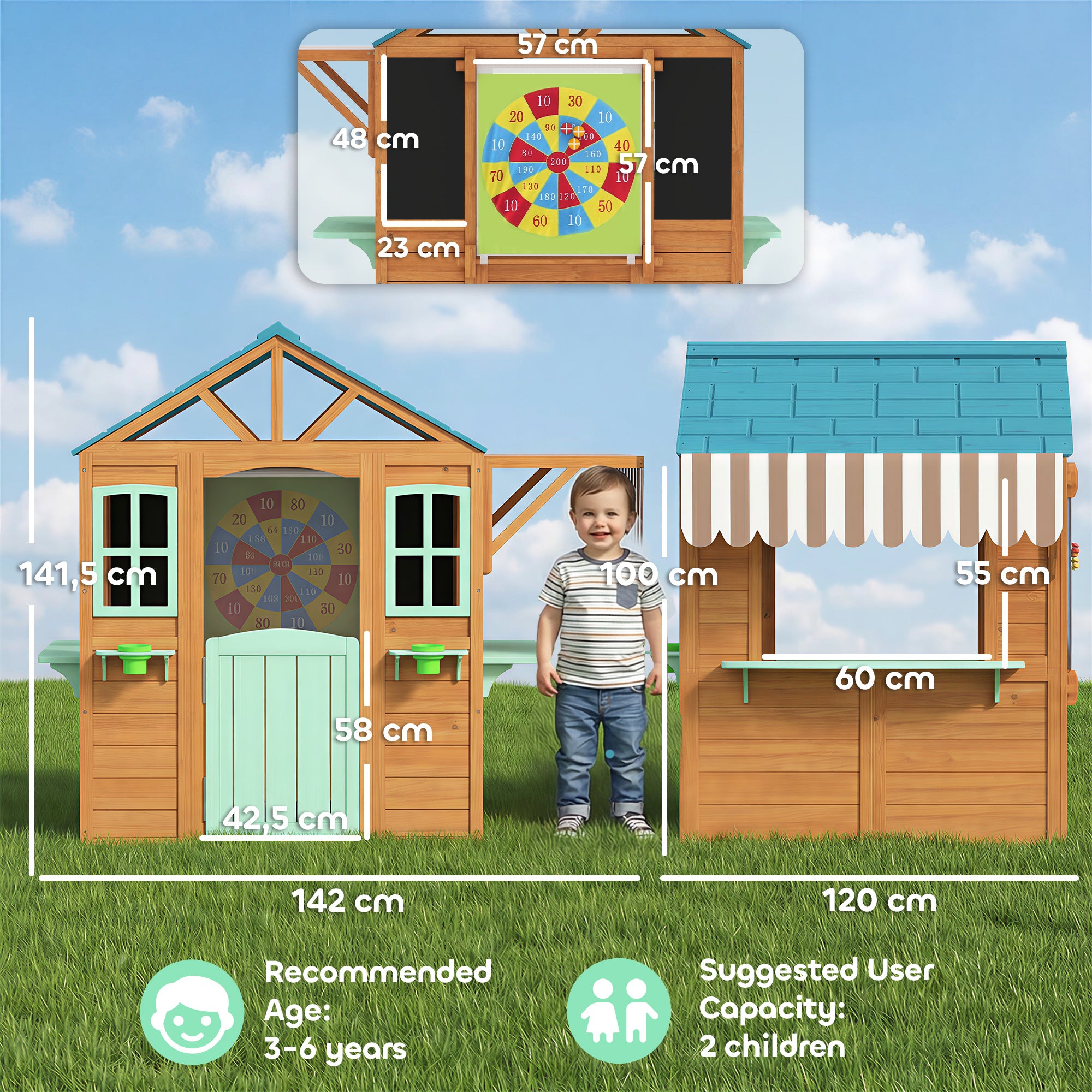 Wooden Outdoor Playhouse with Market Counter, Planters & Chalkboard – Multicolor, for Ages 3–6, 142 x 120 x 141.5 cm