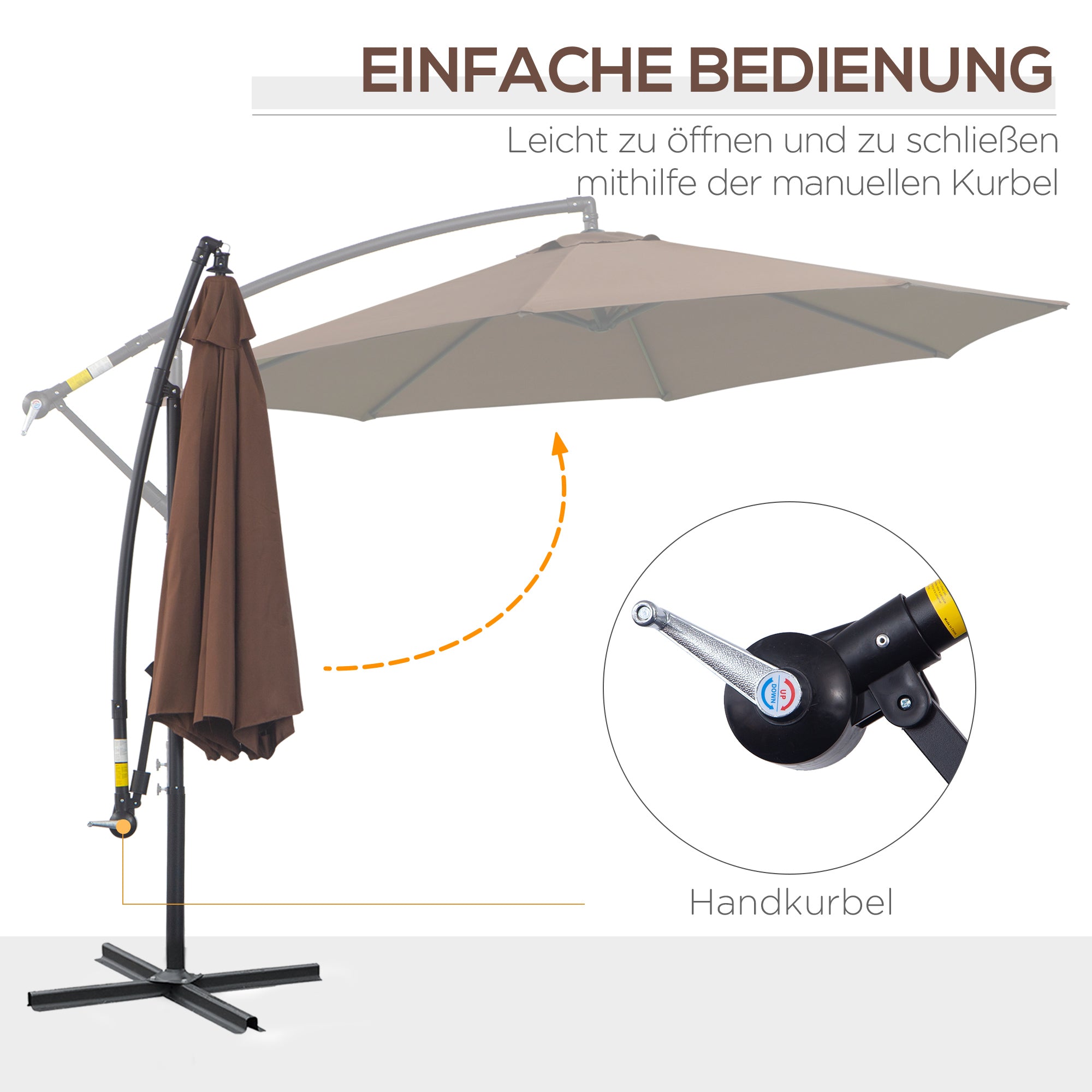 Cantilever Umbrella Ø300 cm tiltable Sunshade with UV Protection Crank Umbrella with Stand, Crank Mechanism, Market Umbrella Garden Umbrella Sun Protection for Balcony Garden Terrace Coffee
