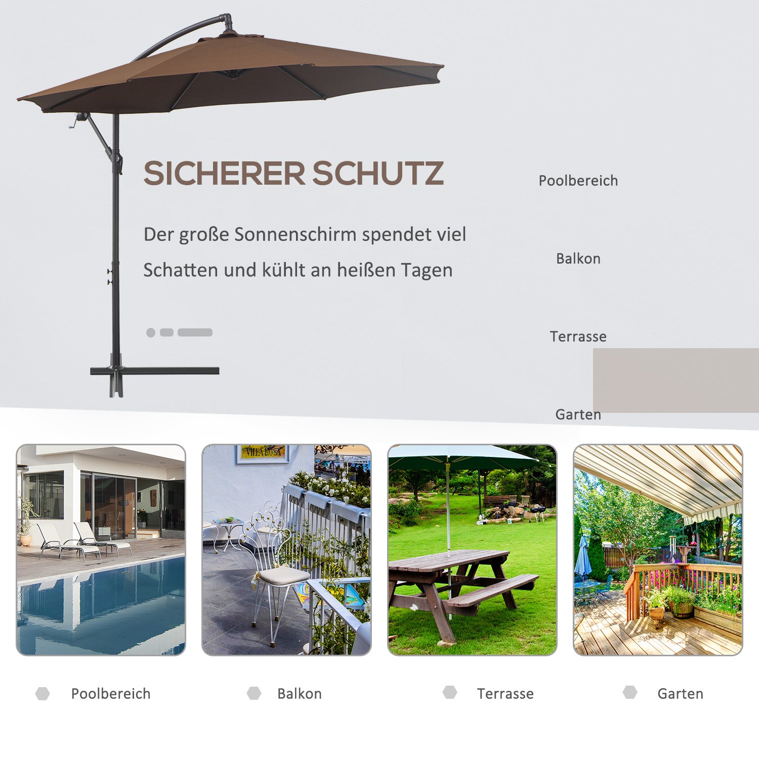 Cantilever Umbrella Ø300 cm tiltable Sunshade with UV Protection Crank Umbrella with Stand, Crank Mechanism, Market Umbrella Garden Umbrella Sun Protection for Balcony Garden Terrace Coffee