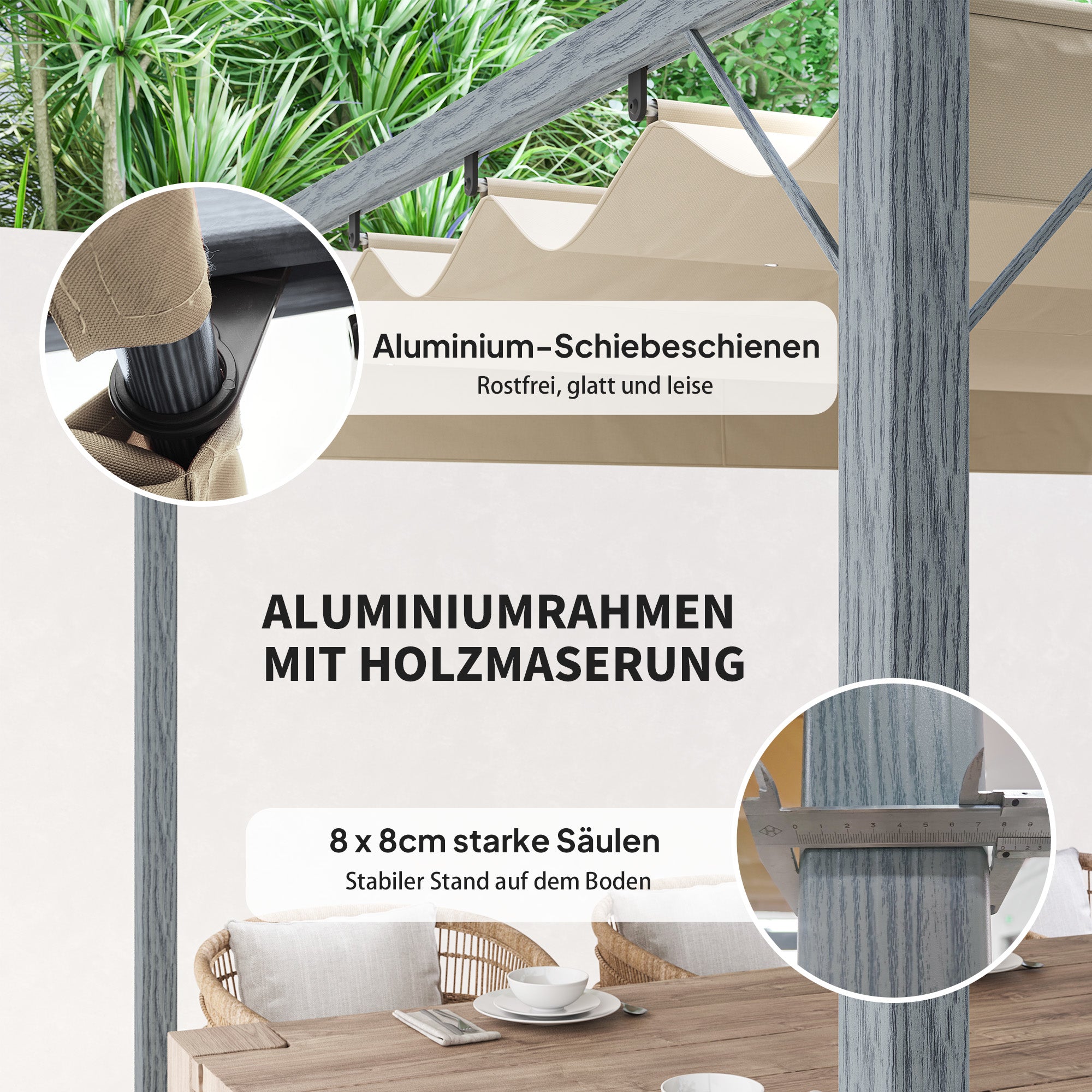 Pergola approx. 3x3m Garden Pavilion with Magnetic Pad, Aluminum Terrace Roof, Garden Pavilion with Adjustable Roof, Freestanding, UV Protection 30+, for Terrace and Garden, Gray