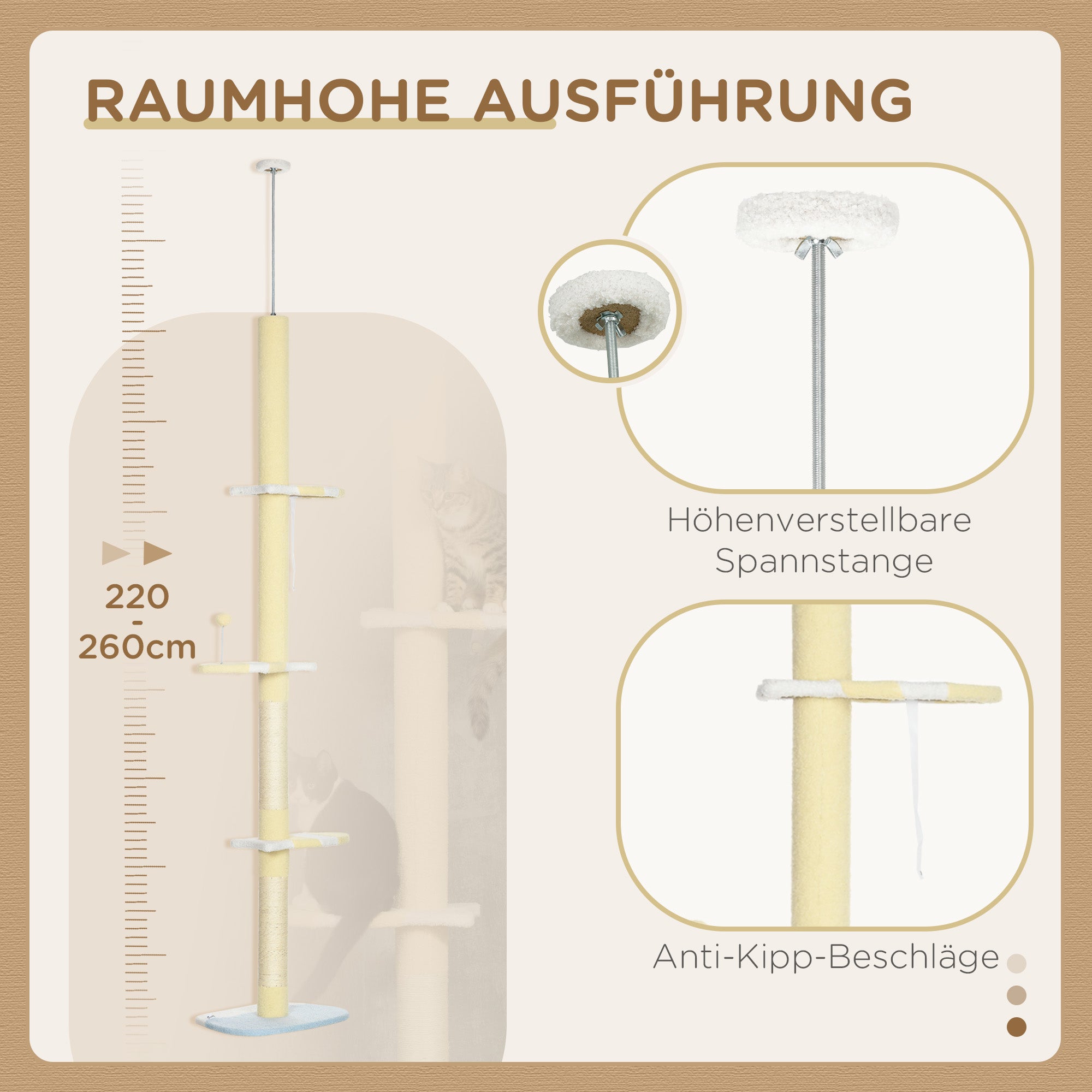 Floor to Ceiling Cat Tree Height 220-260 cm Cat Scratching Post with Sisal Columns, Play Balls, Sisal Posts, Platforms Multi-Level Cat Tree Climbing Tree for Medium-Sized Cats, Yellow
