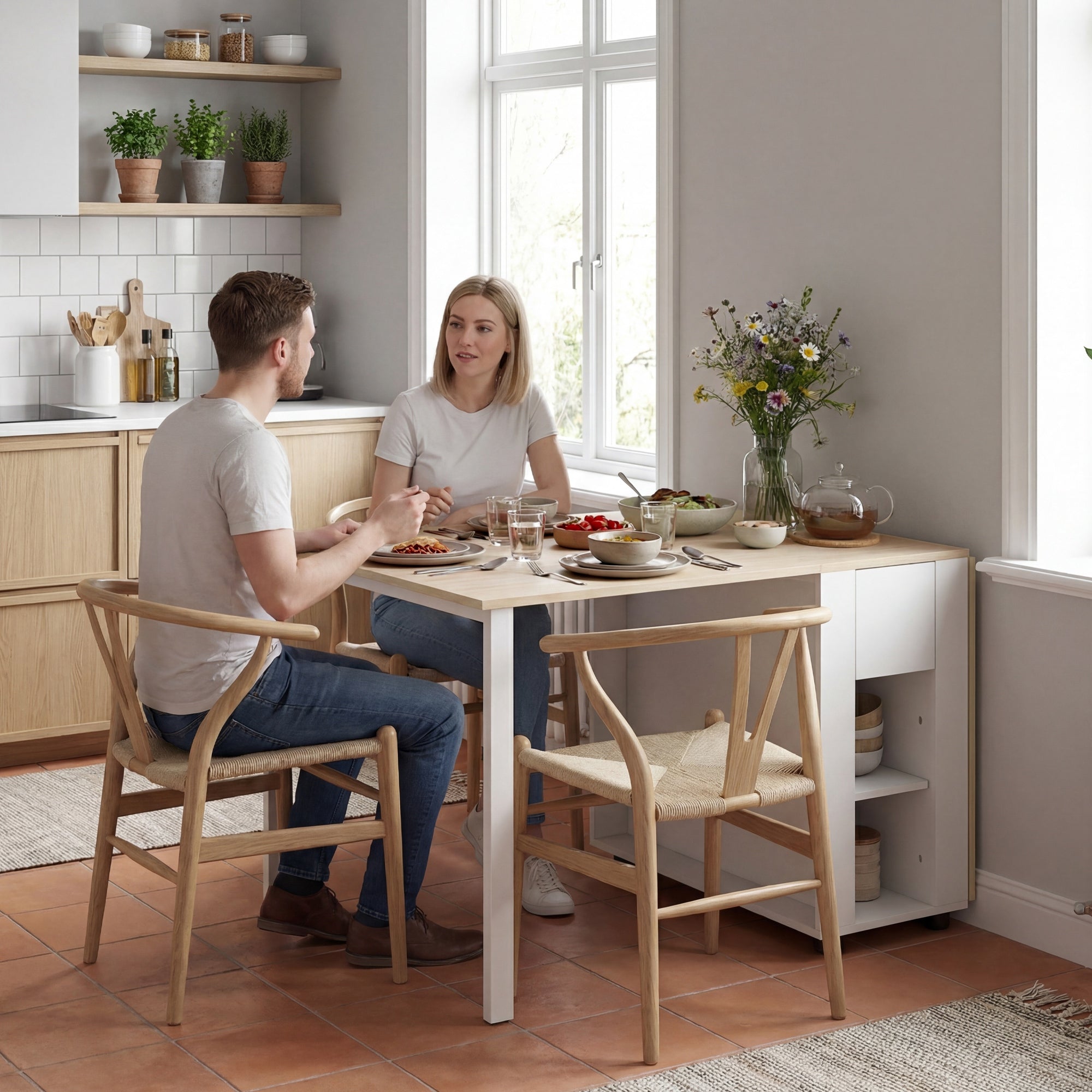 Folding Dining Table, Foldable Kitchen Table for 6 People with Drop Leaves, Drawers and Open Shelves for Small Spaces, 66.3 x 33.5 x 28.7 in (168.2 x 85 x 73 cm), White