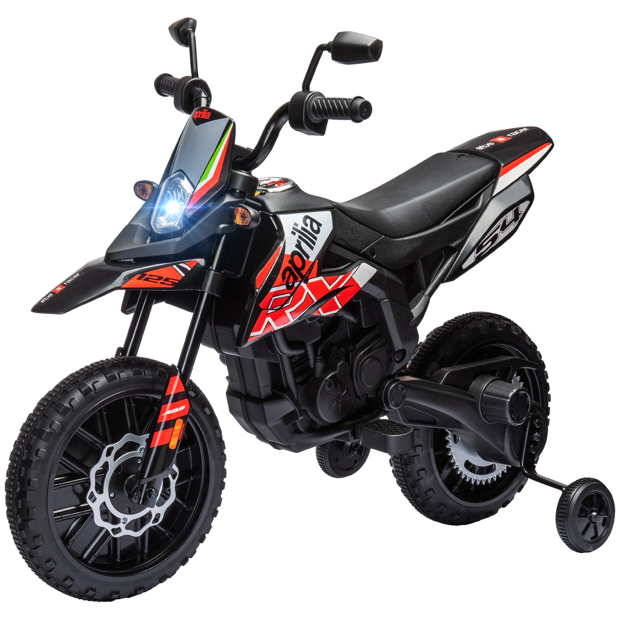Kids Electric Motorcycle cross bike for children under Aprilia license with 2 12V motors, max speed 6 km/h, training wheels, spring suspension, LED light, music, USB - red