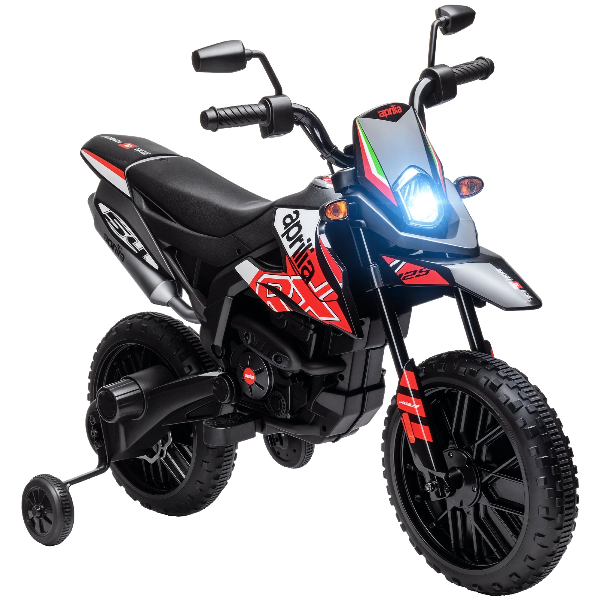 Kids Electric Motorcycle cross bike for children under Aprilia license with 2 12V motors, max speed 6 km/h, training wheels, spring suspension, LED light, music, USB - red