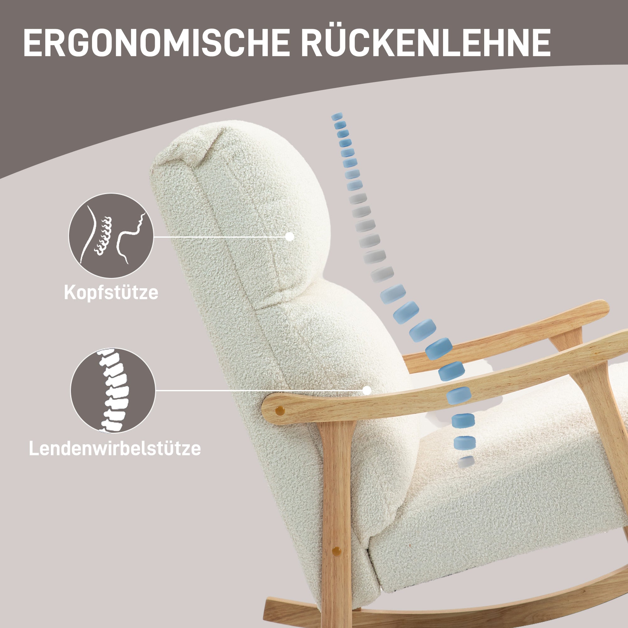 Rocking Chair, Rocking Armchair with Backrest, Wooden Rockers, Armchair, Relax Armchair with Teddy Plush Look, Rocking Chair, Relaxing Chair for Living Room, Bedroom, Balcony, Cream White