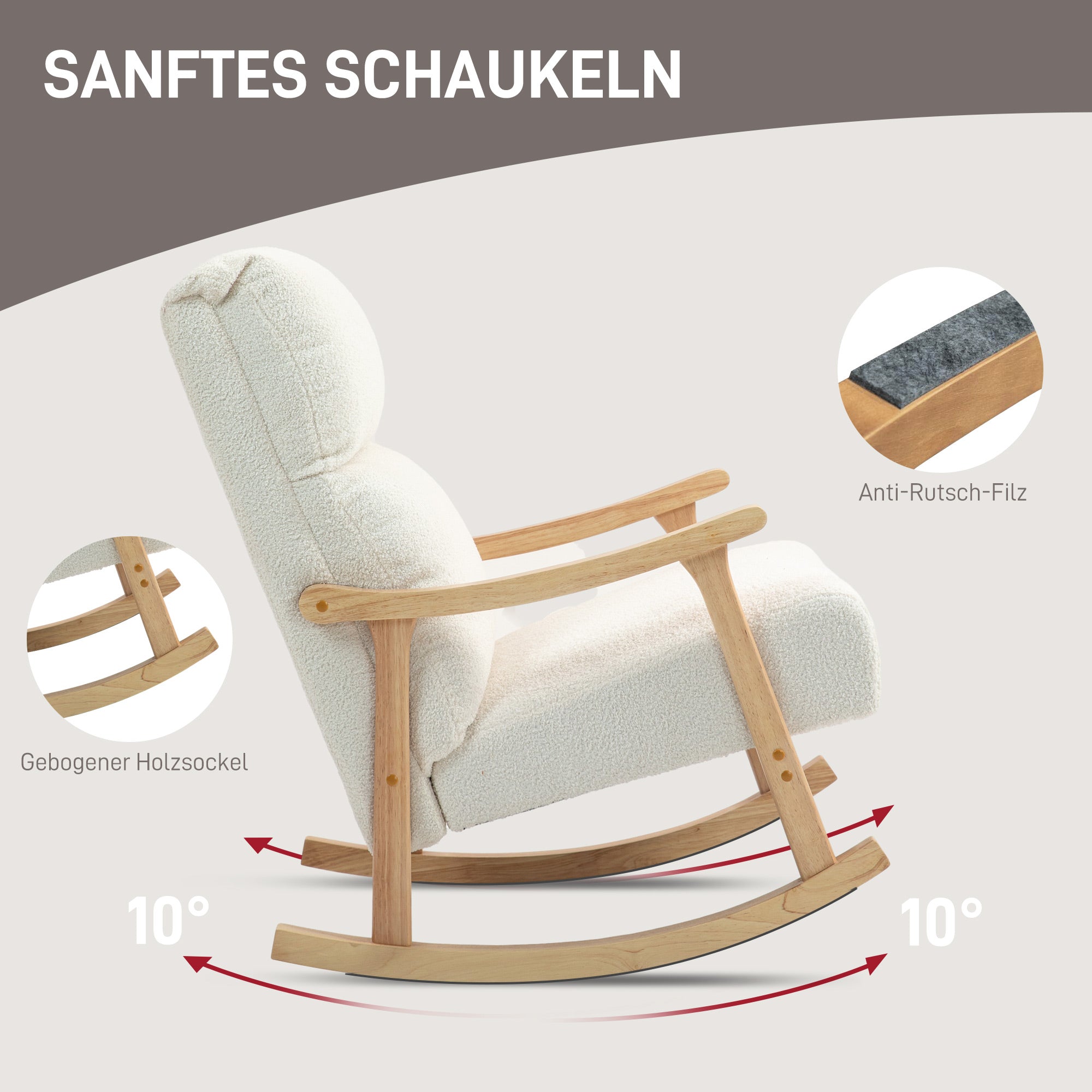 Rocking Chair, Rocking Armchair with Backrest, Wooden Rockers, Armchair, Relax Armchair with Teddy Plush Look, Rocking Chair, Relaxing Chair for Living Room, Bedroom, Balcony, Cream White