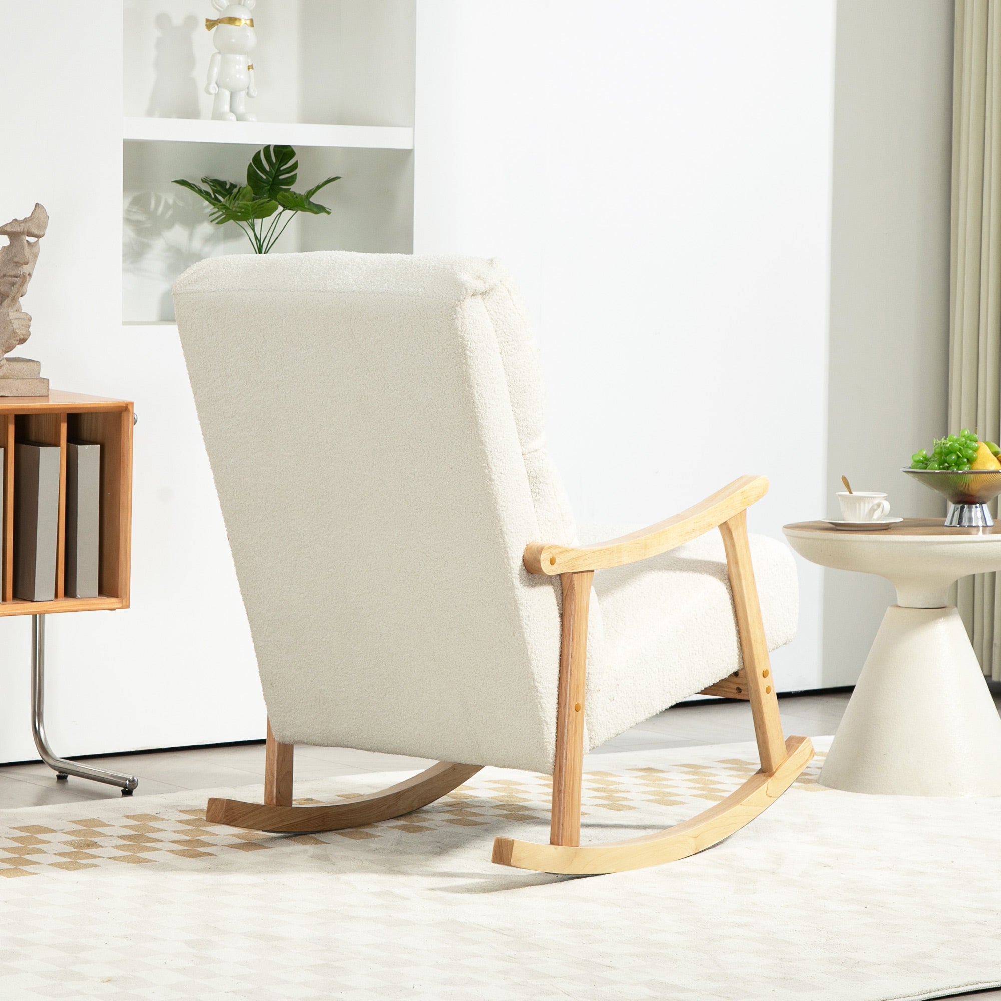 Rocking Chair, Rocking Armchair with Backrest, Wooden Rockers, Armchair, Relax Armchair with Teddy Plush Look, Rocking Chair, Relaxing Chair for Living Room, Bedroom, Balcony, Cream White