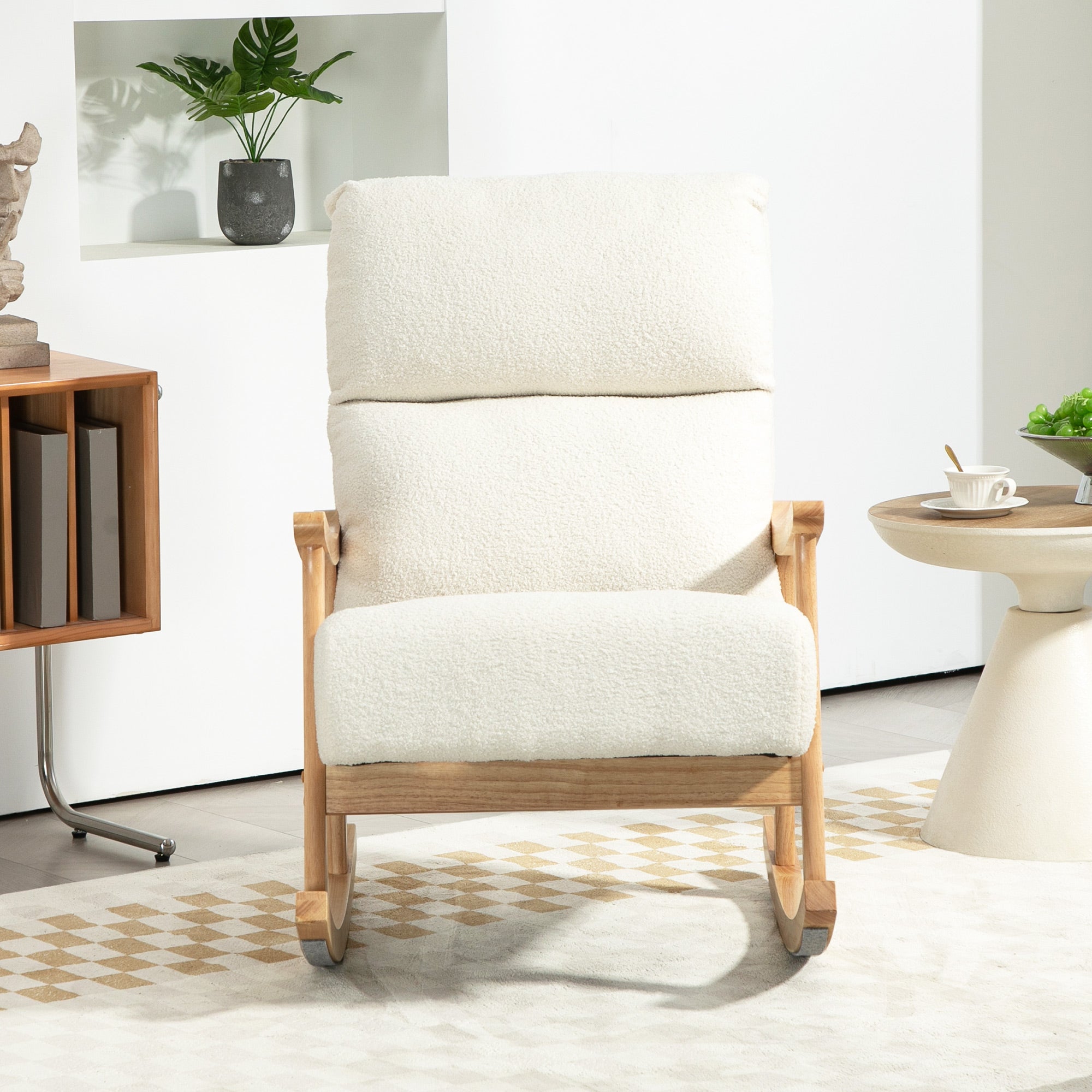 Rocking Chair, Rocking Armchair with Backrest, Wooden Rockers, Armchair, Relax Armchair with Teddy Plush Look, Rocking Chair, Relaxing Chair for Living Room, Bedroom, Balcony, Cream White