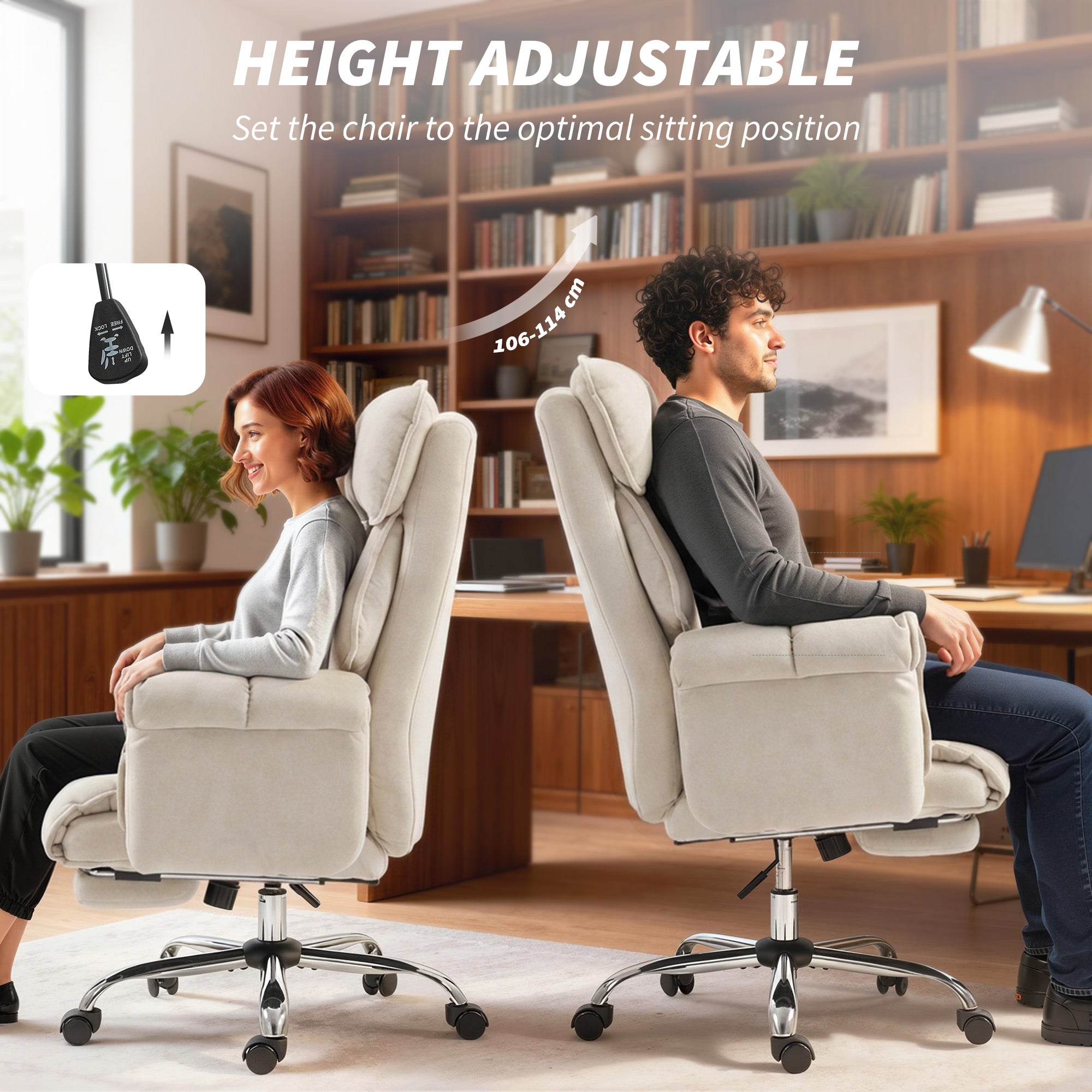 Swivel Office Chair with Lumbar Support, Armrests & Extendable Footrest — Snow-Flannel Padded, Height Adjustable, Cream