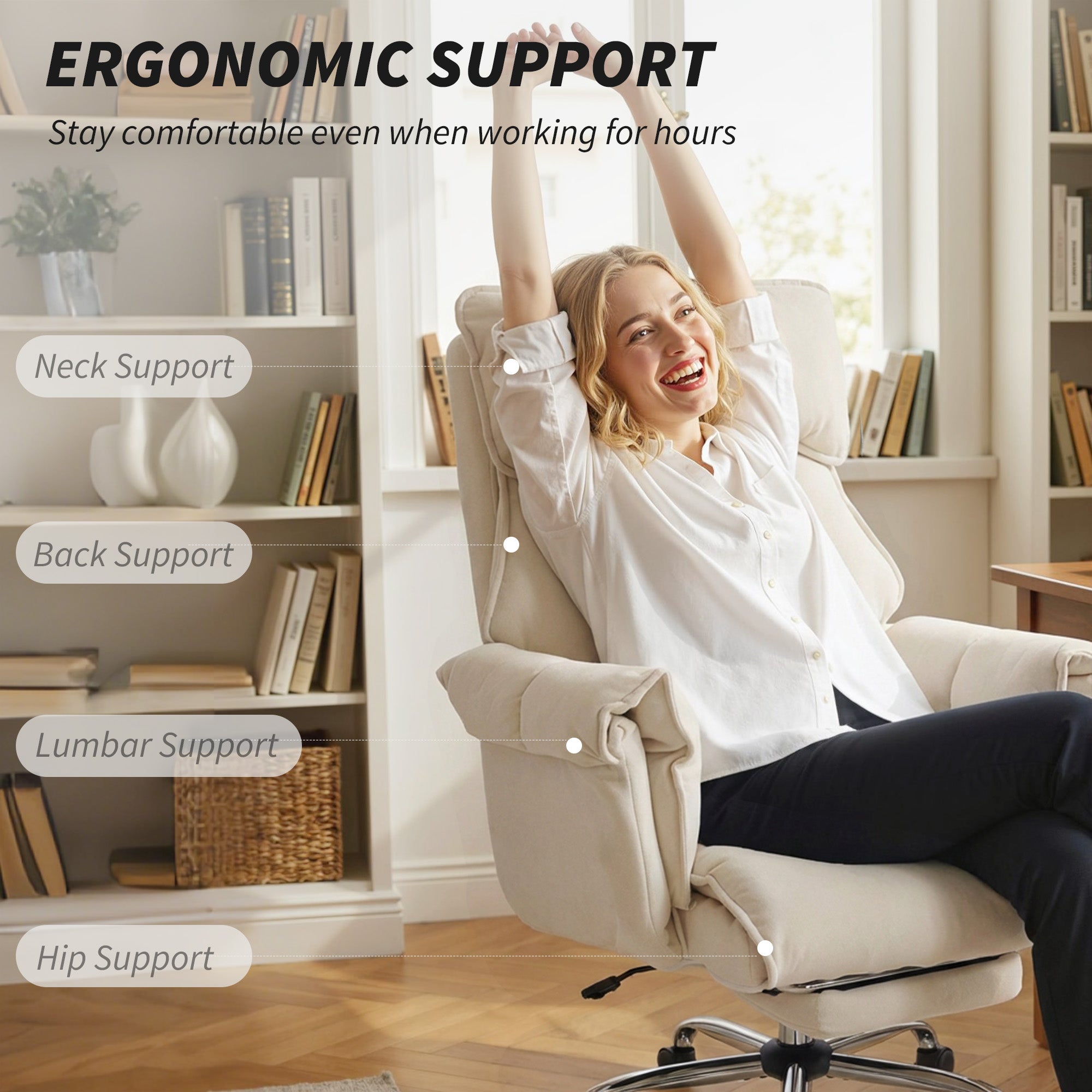 Swivel Office Chair with Lumbar Support, Armrests & Extendable Footrest — Snow-Flannel Padded, Height Adjustable, Cream